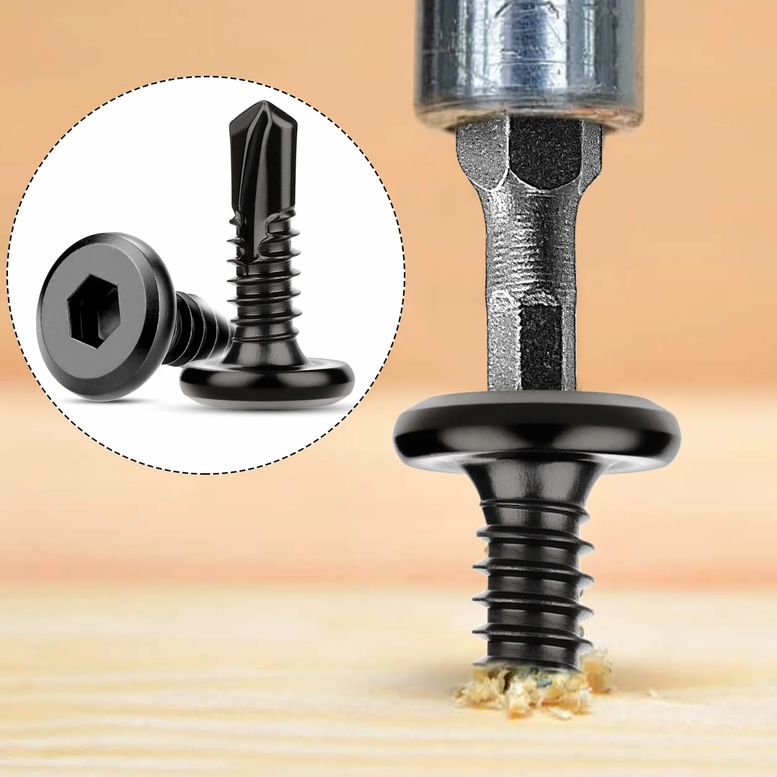 60 sztuk wkrętów samogwintujących ze stali nierdzewnej M5,5 x 16 mm, wkręty do blachy, samogwintujące, 410, wkręty z gniazdem sześciokątnym, wkręty wiertłowe, czarne, ze śrubokrętem, klucz