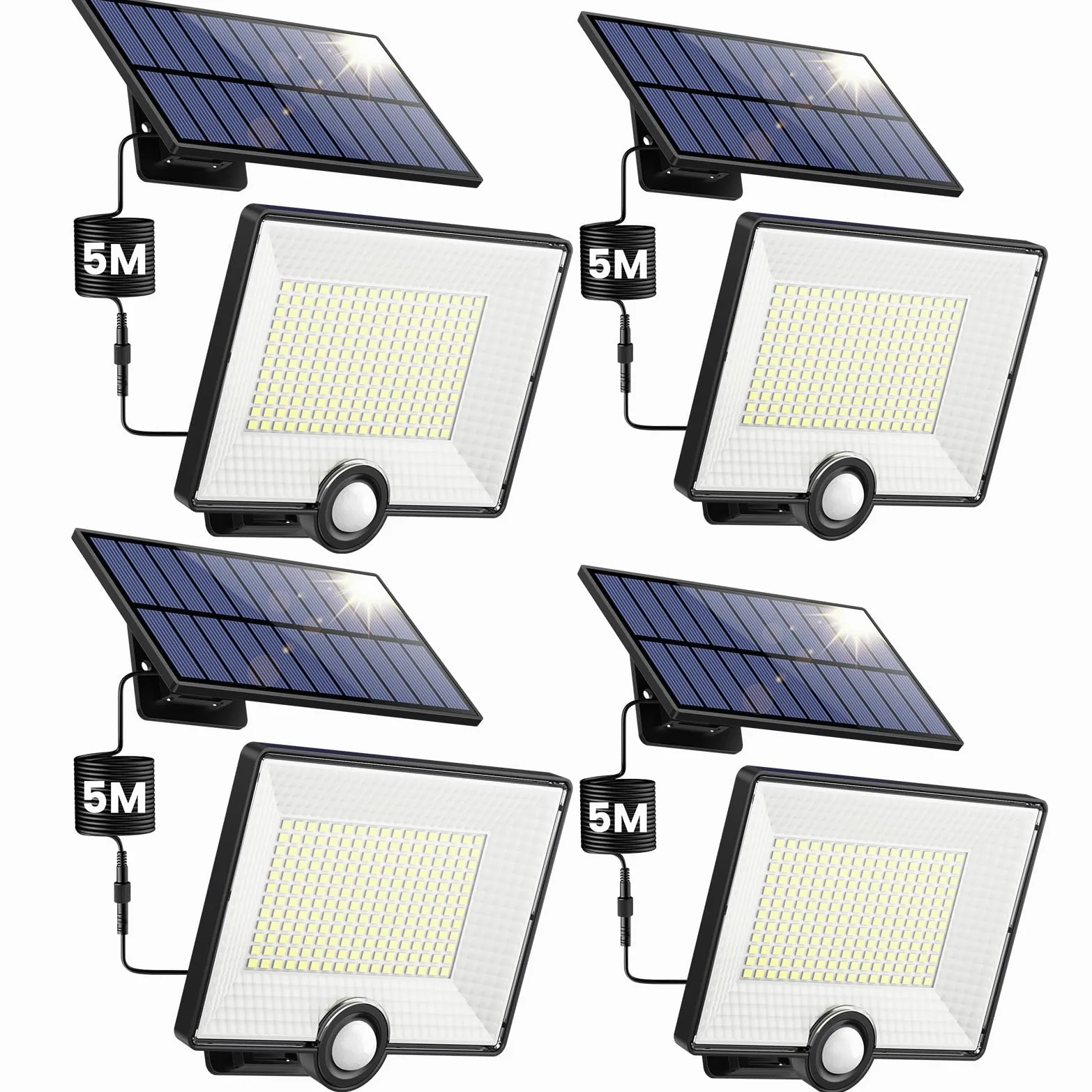 Zestaw 4 szt. Zewnętrzna lampa solarna z czujnikiem ruchu, 3 tryby: 204LED/2000 lm, wodoszczelne zewnętrzne światło słoneczne, IP65, solarne oświetlenie zewnętrzne, reflektor LED z kablem 16,4 stóp do