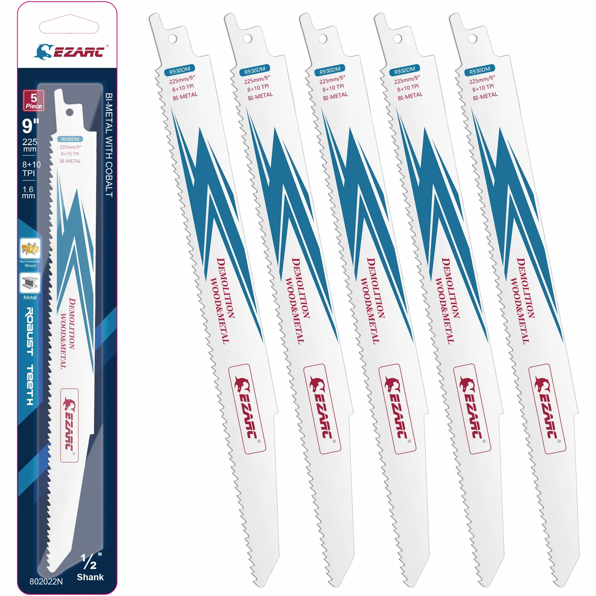 EZARC Brzeszczot do piły szablastej bimetalowy kobaltowy brzeszczoty do piły szablastej do drewna i metalu 225 mm 8+10TPI R930DM (5-pak)