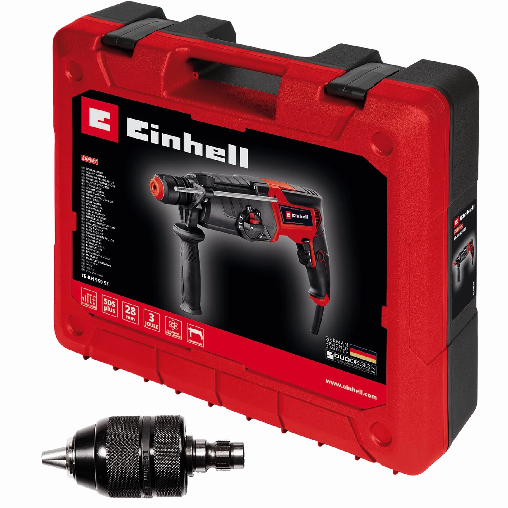 Einhell Młot udarowy TE-RH 950 5F (950 W, 2-biegowa przekładnia, udarność 3 J, mocowanie SDS-plus, moc wiercenia 28 mm w betonie, ogranicznik głębokości wiercenia, dostarczany w walizce)