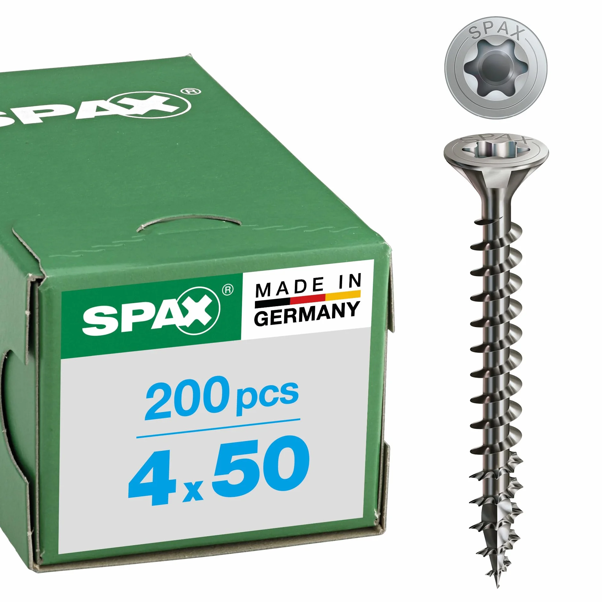 SPAX Śruba uniwersalna ze stali nierdzewnej A2, 4,0 x 50 mm, 200 sztuk, T-STAR plus, łeb wpuszczany, pełny gwint, 4CUT, 1197000400503