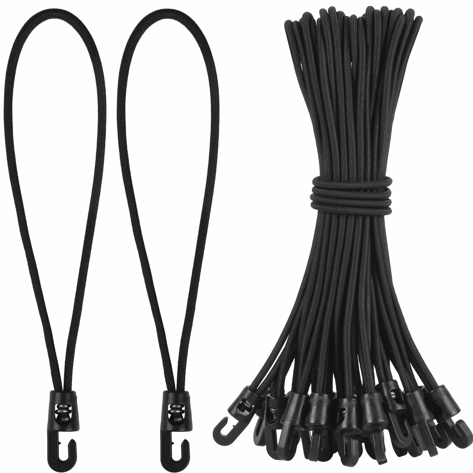 18 szt. sznurków bungee z haczykami, 25 cm, czarne, gumowe napinacze z haczykami, do lin kempingowych, plandeki, namiotów, markiz (czarne)