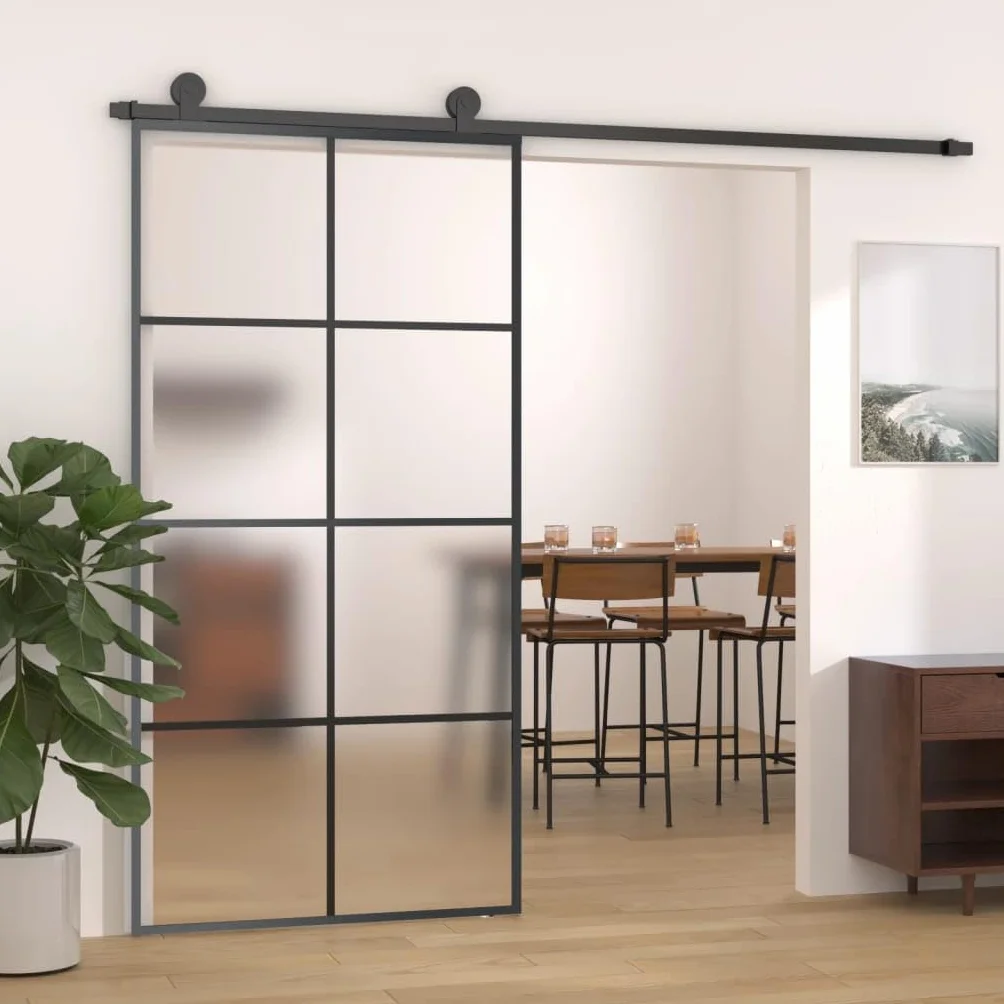Drzwi przesuwne z aluminium ze szkłem bezpiecznym ESG 102,5 x 205 cm, czarne, grubość szkła 5 mm, rama 20 mm, zajmujące niewiele miejsca drzwi przesuwne do wnętrz