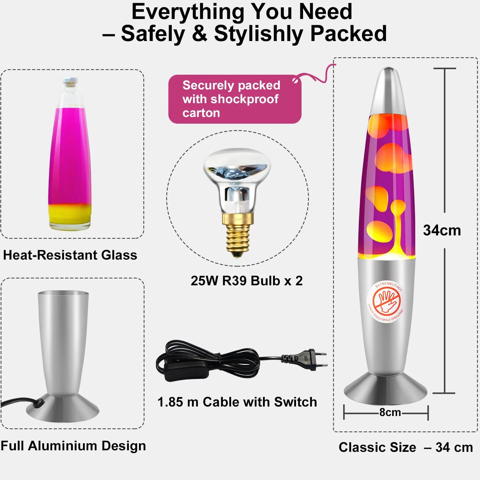 Lampa lawowa w stylu retro – fioletowo-żółta lampa lawowa 33 cm, aluminiowy korpus, żarówka R39 25 W E14, nastrojowa lampa do salonu, sypialni, pomysł na prezent dla dorosłych i dzieci