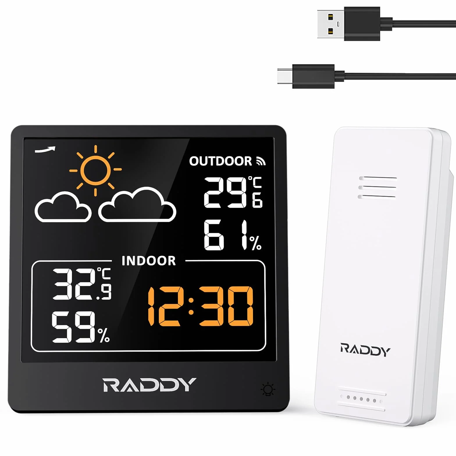 Raddy WF-50V bezprzewodowa stacja pogodowa z czujnikiem zdalnym, termometr wewnętrzny/zewnętrzny, VA 5,0" wyświetlacz USB-C, czarny