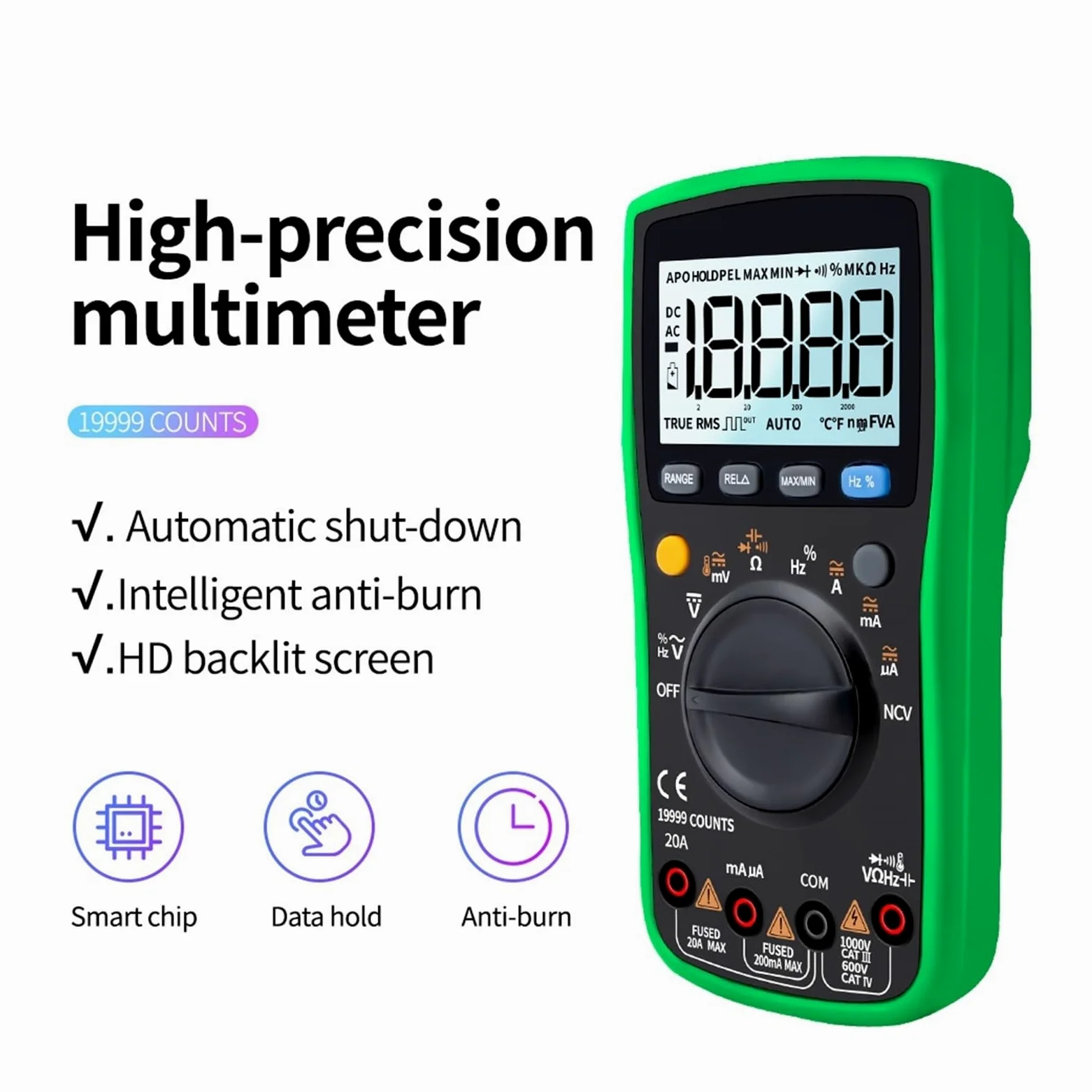 Multimetr Cyfrowy 19999 Zlicza Multimetry True Rms Tester Próbnik Elektroniczny Voltimetro Profesional Miernik Pojemności Dokładny Pomiar(Green)