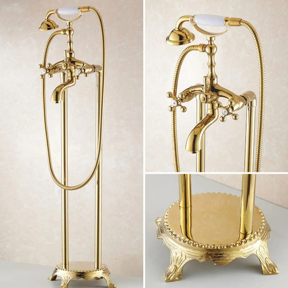 Bateria stojąca łazienkowa Golden Floor, typ telefonu, bateria wannowo-prysznicowa, zestaw prysznicowy mosiężny, luksusowy kran do wanny (Wheel Type)