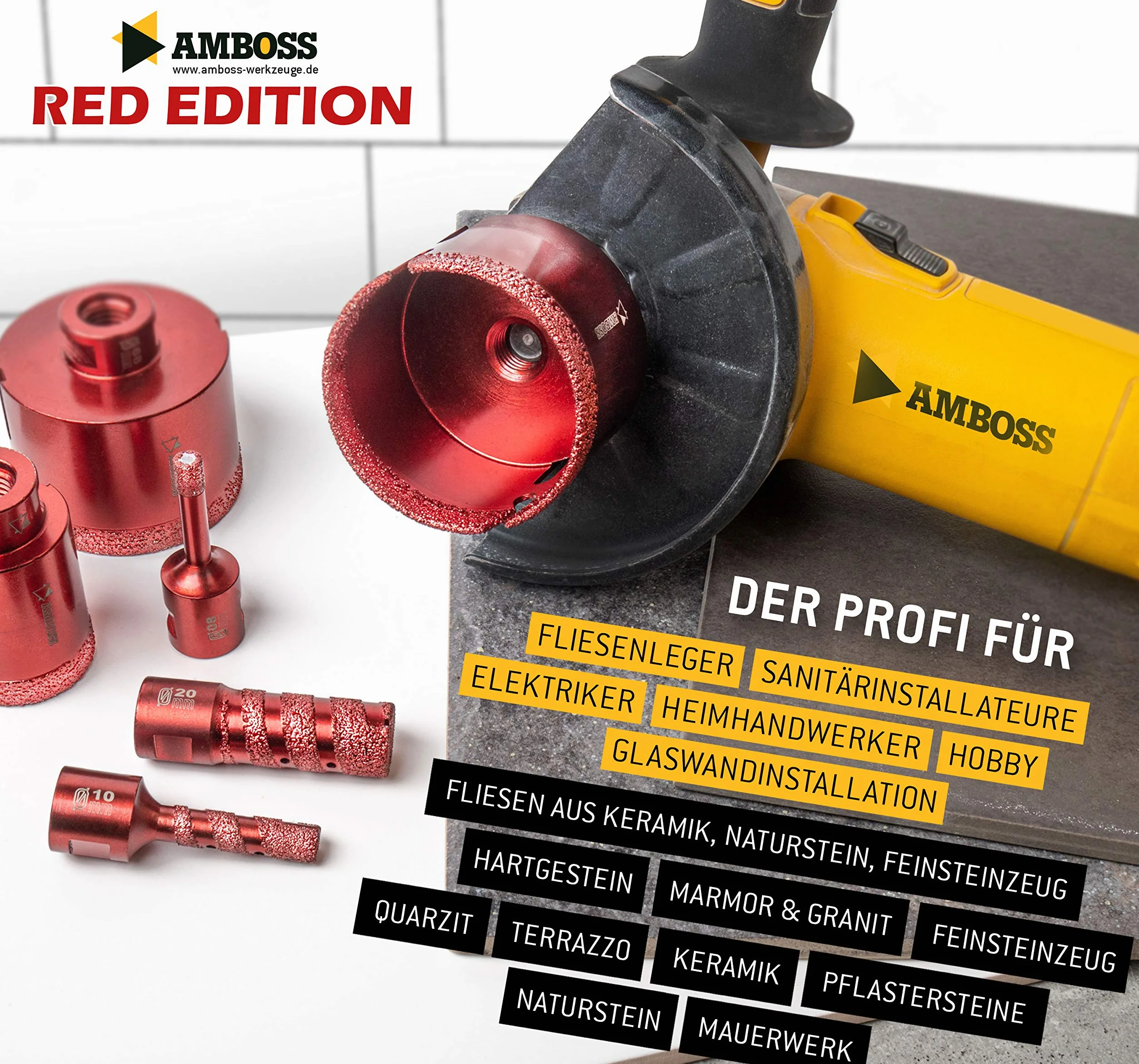 Amboss Red Edition 8 M14 zestaw Ø 20/25 / 32/35 / 40/50 / 60/68 mm diamentowa koronka wiertnicza - do szlifierek kątowych – do szlifierek kątowych – koronka wiertnicza na sucho, otwornica, wiertło do