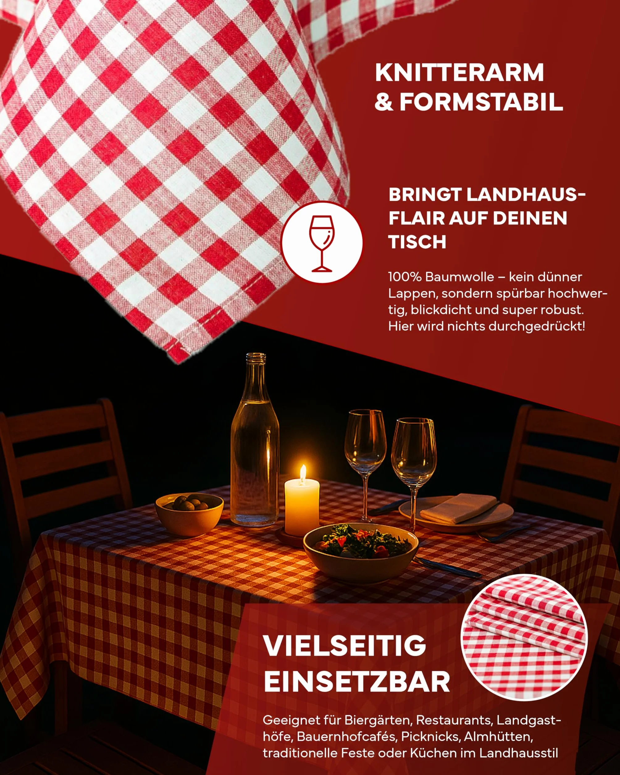 Bieżnik na stół 30 x 140 cm czerwono-biała kratka 100% bawełna