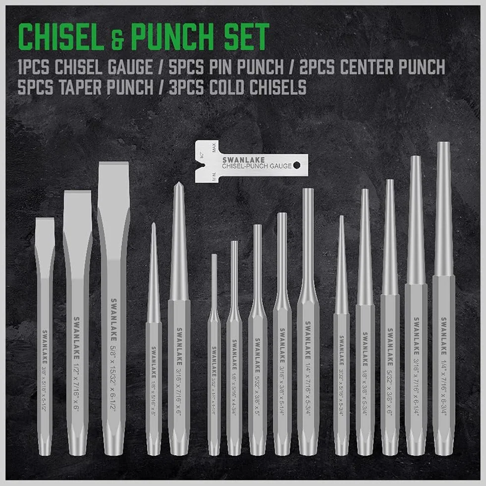 SWANLAKE Punch and Chisel Set, Including Taper Punch, Cold Chisels, Pin Punch, Center Punch (16pcs)