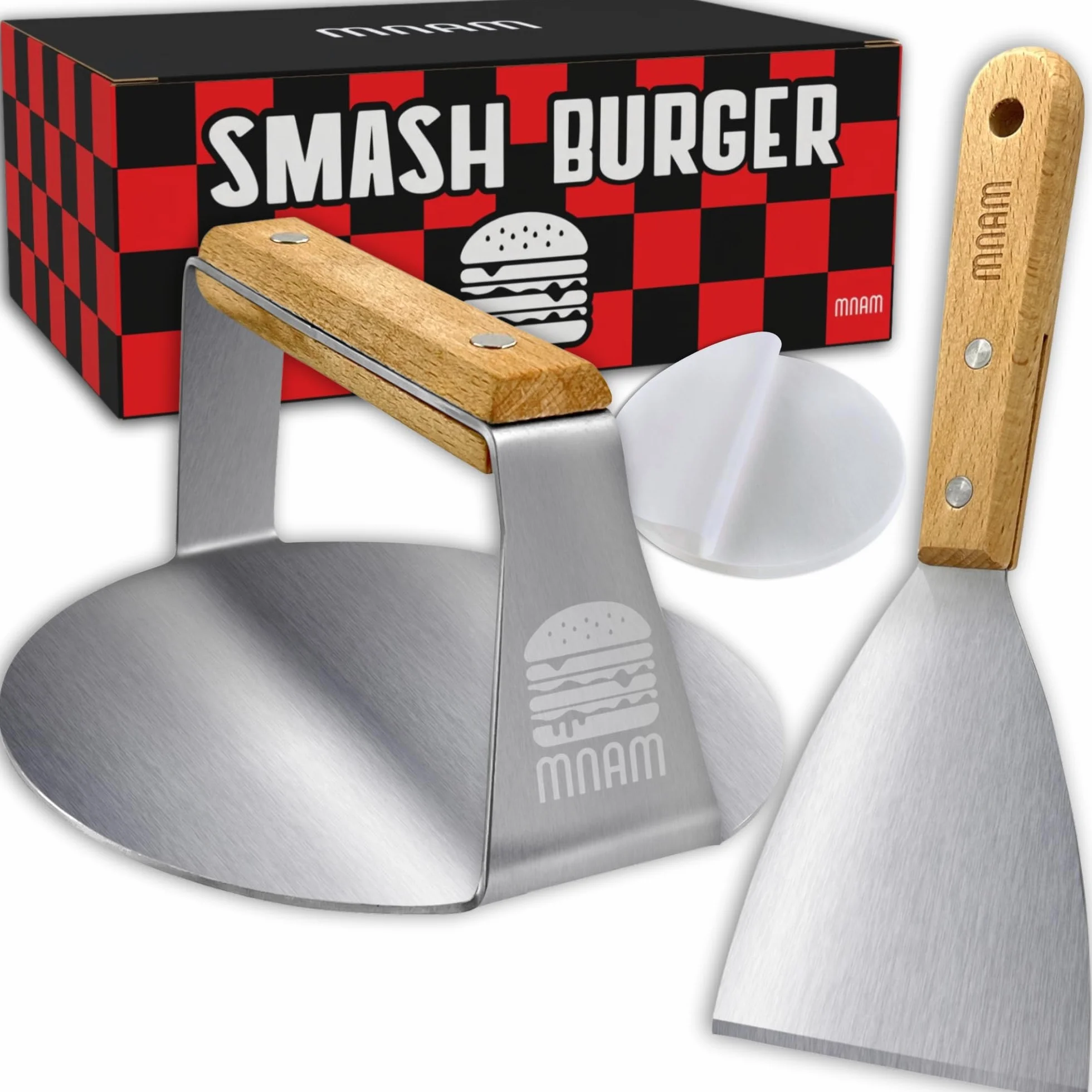 Prasa do hamburgerów Smash - stal nierdzewna, zestaw Smash Burger z łopatką, forma do hamburgerów do domu, idealny do grillowania i żelazka - profesjonalny Smasher drewniany uchwyt