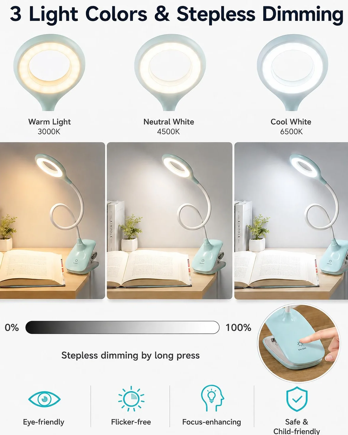 Lampka Zaciskowa do Łóżka dla Dzieci, LED Lampka do Czytania z Klipsem USB, 3 Kolory Światła, Dotykowe Ściemnianie, Lampka Nocna z Elastycznym Ramieniem do Pokoju Dziecka, Łóżka Piętrowego,niebieska