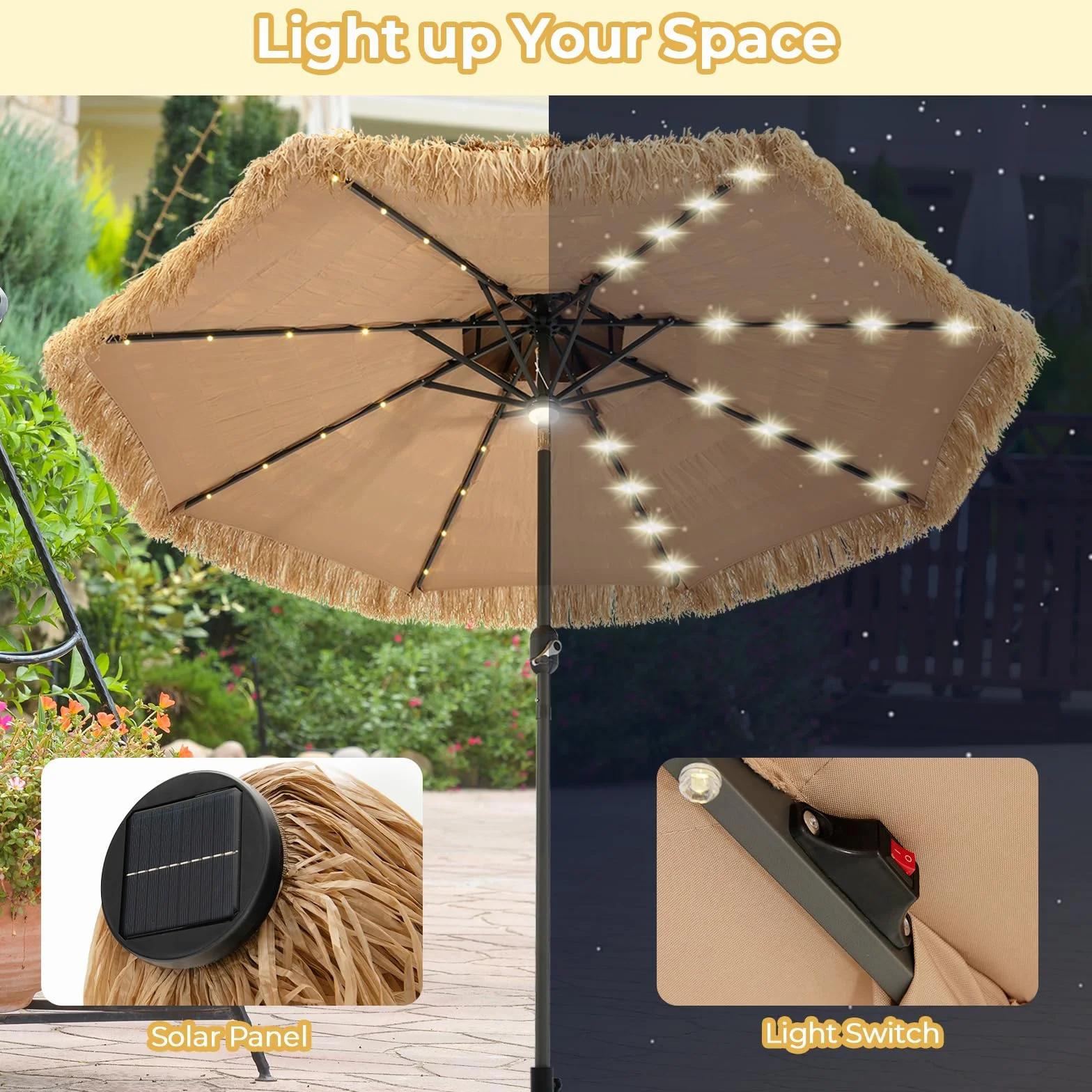 Parasol plażowy KOMFOTTEU Ø270/300 cm, ze słomy PE, nachylony, podwójny dach, do ogrodu