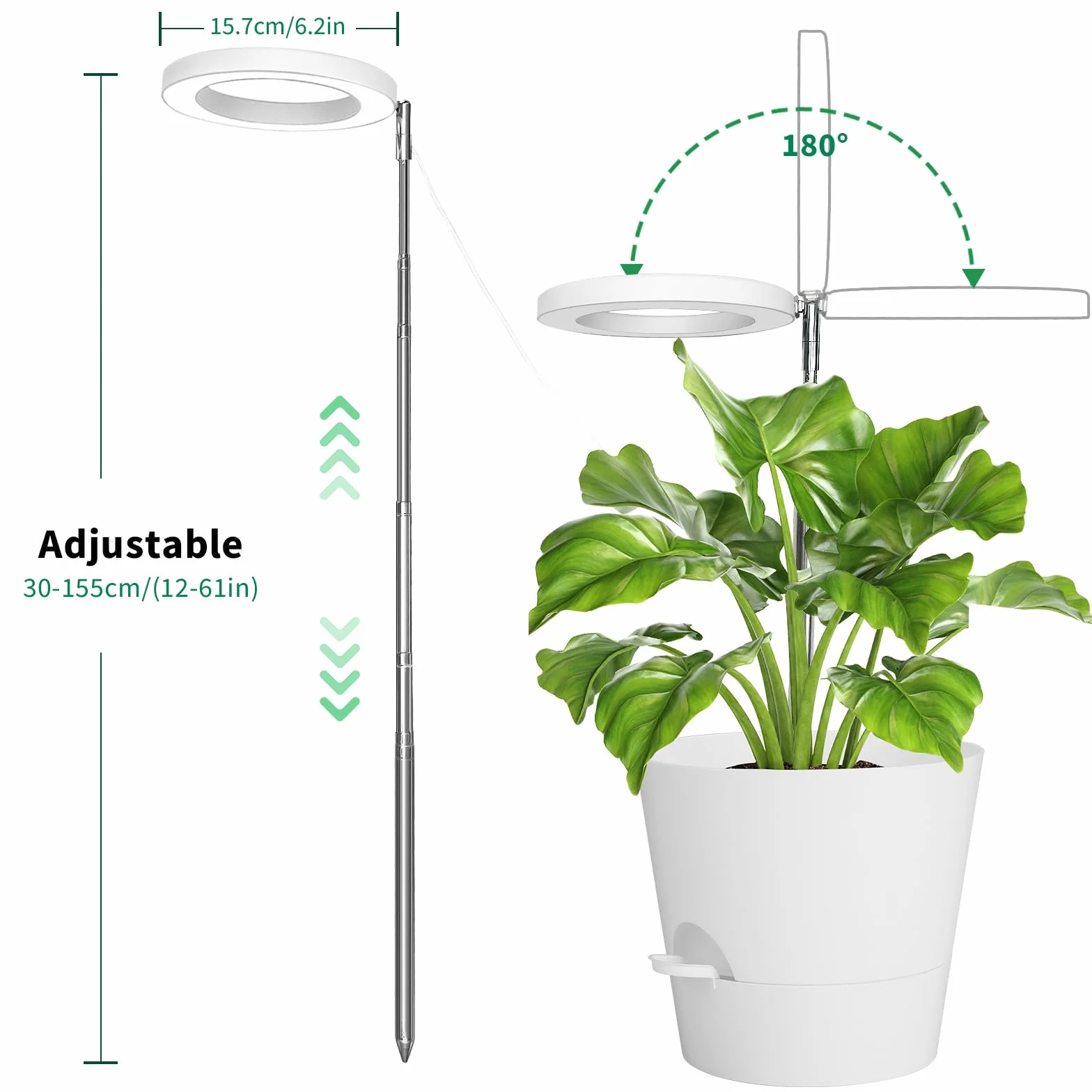 Qoolife Lampa LED do roślin pokojowych, pełne spektrum światła, 155 cm, regulowana wysokość światła z 72 diodami LED, 3 poziomy jasności, programator czasowy 3/9/12 godzin, do roślin w pomieszczeniach