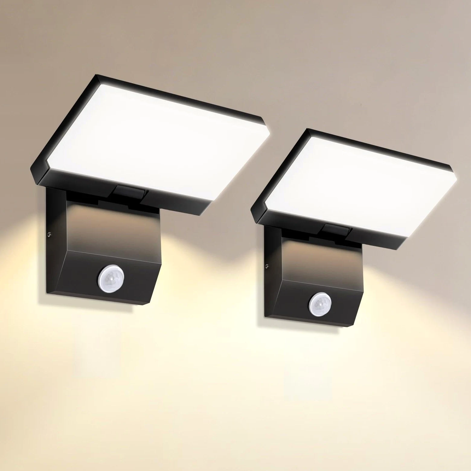 Nowoczesna lampa ścienna LED 36 W, z czujnikiem ruchu, ciepła biel 3000 K, wodoodporna IP65, obracany panel LED, na taras, do ogrodu, na balkon, 2 szt