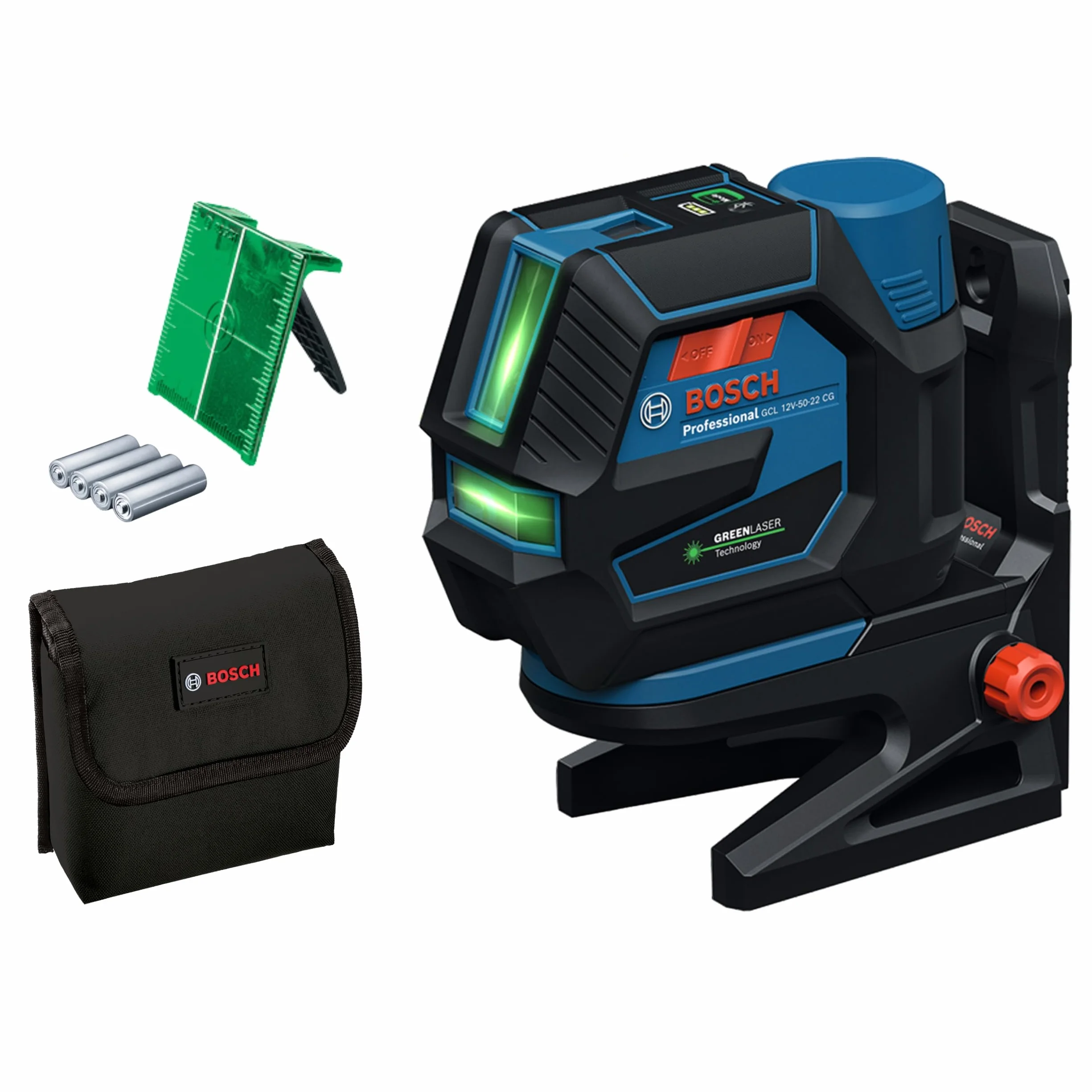 Bosch Professional Laser wielofunkcyjny GCL 12V-50-22 CG (zasięg pracy do 50 m z odbiornikiem, Dual Power Source, Levelling Remote, uchwyt RM 20, adapter do baterii, 4x1,5 V LR6 (AA), pokrowiec)