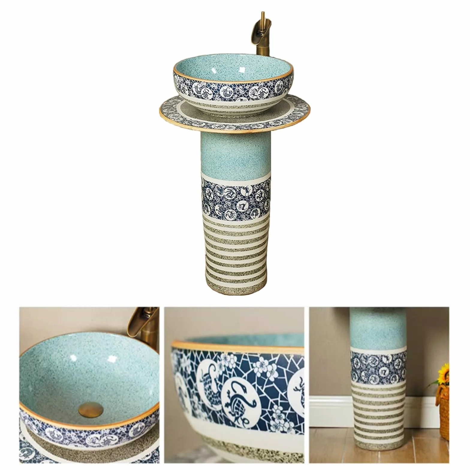 Zlewozmywak łazienkowy na cokole, retro i kreatywna ceramiczna umywalka kolumnowa, 3-częściowa umywalka łazienkowa z podstawą, umywalka podłogowa z kranami, zestaw s(B)