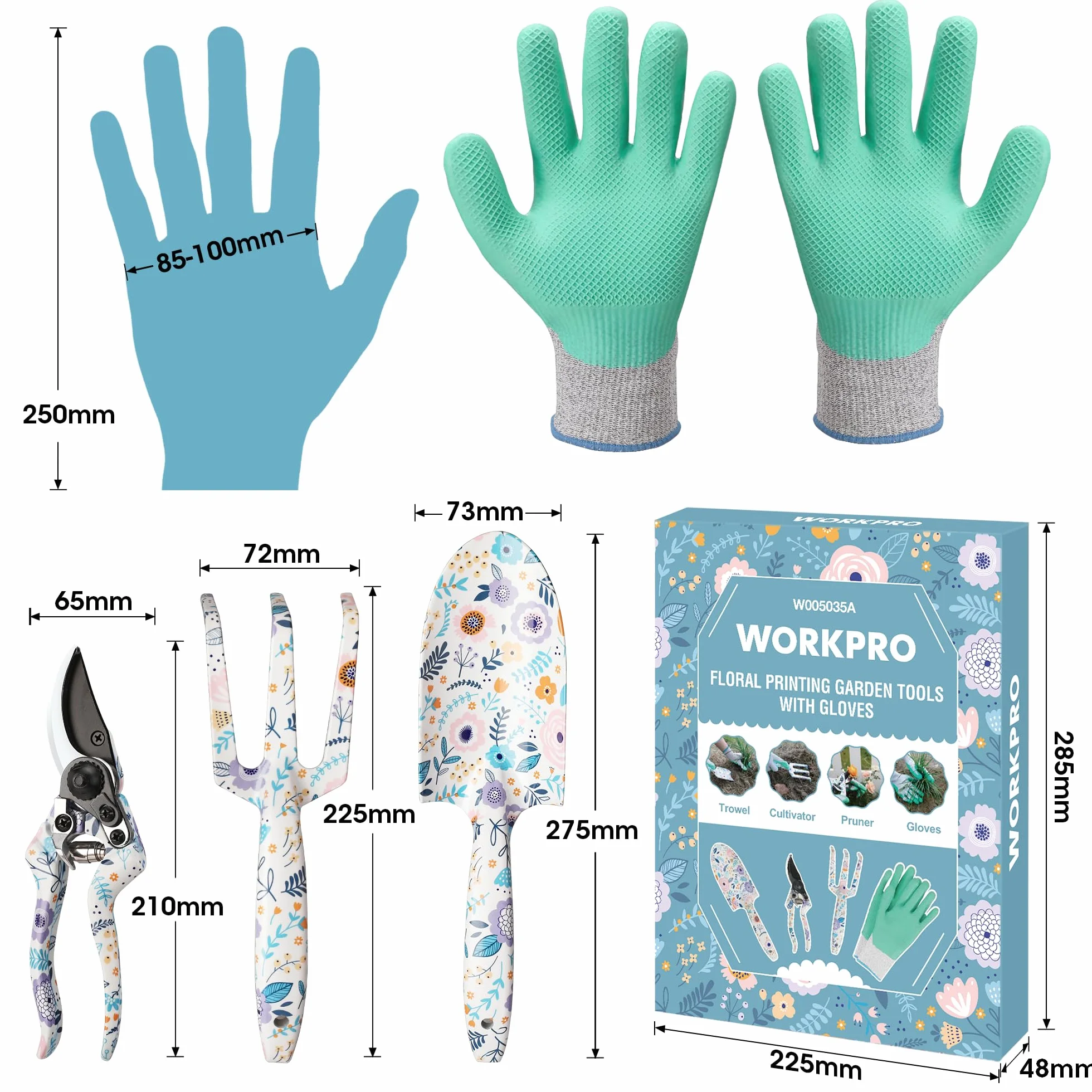 WORKPRO 4-częściowy zestaw narzędzi ogrodowych, narzędzia ręczne ze stali nierdzewnej z ergonomicznym uchwytem, w tym sekator, szpadel, widełki ręczne i rękawice ogrodnicze - białe