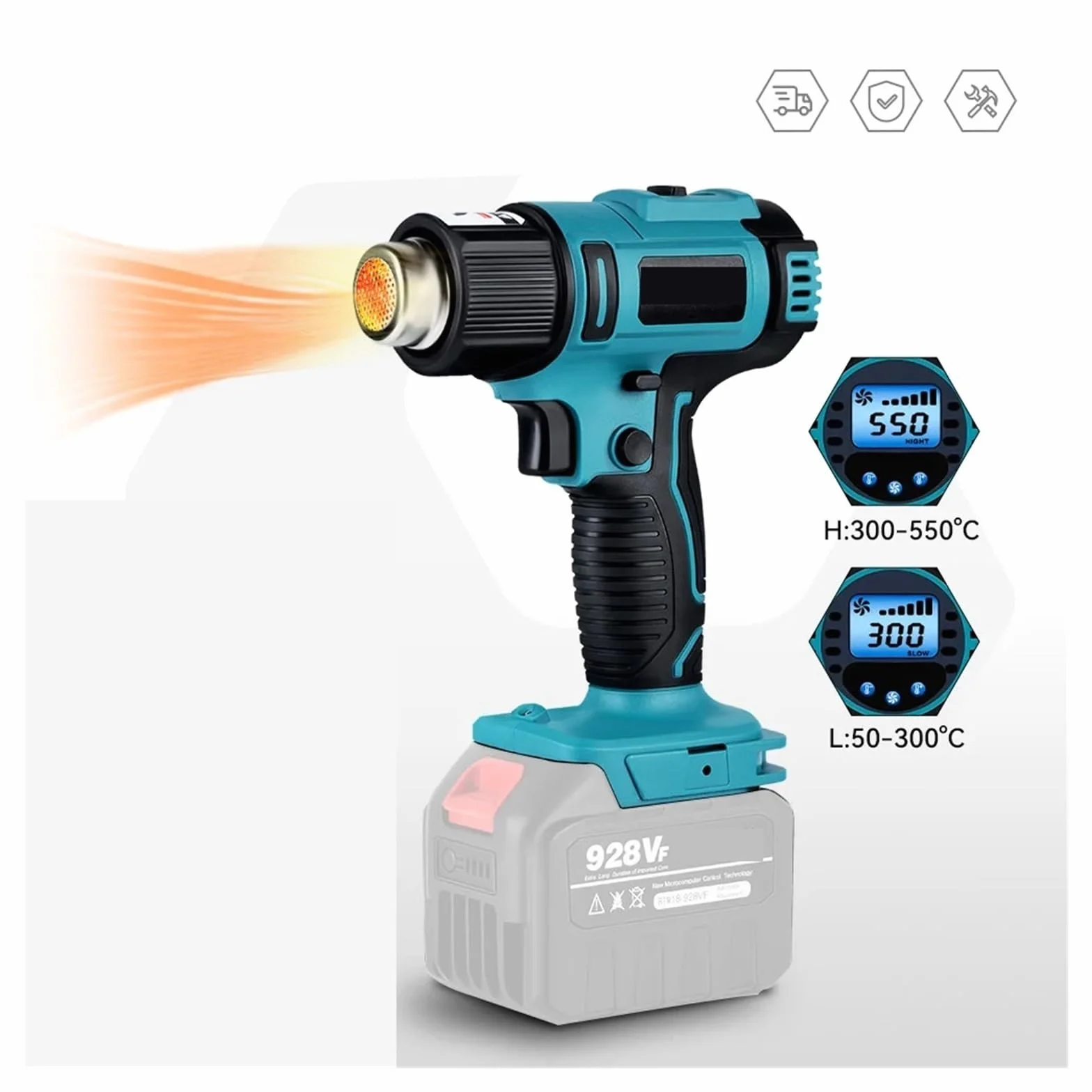 Opalarka 18 V 0–550 ℃ 2500 W 2-biegowa Regulacja 6-biegowa Prędkość Wiatru Bezprzewodowa Na Gorące Powietrze Silnik O Wysokiej WydajnośCi(7 Nozzles)