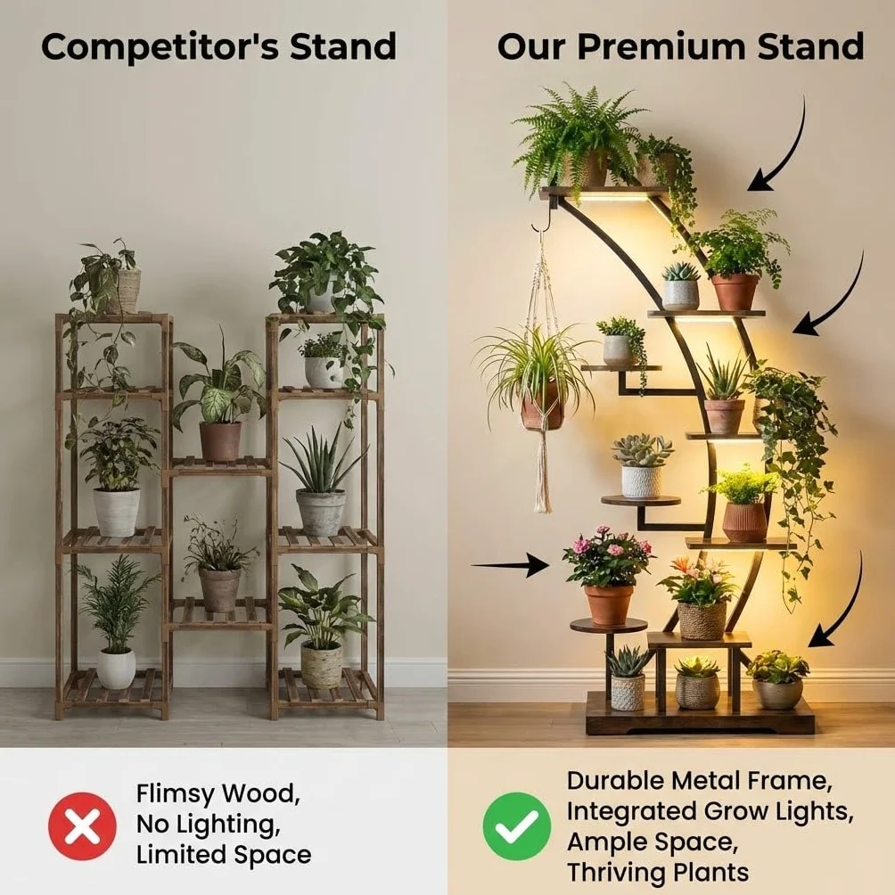 Regał na rośliny z oświetleniem 9 poziomów 160 cm metal drewno stojak dekoracyjny