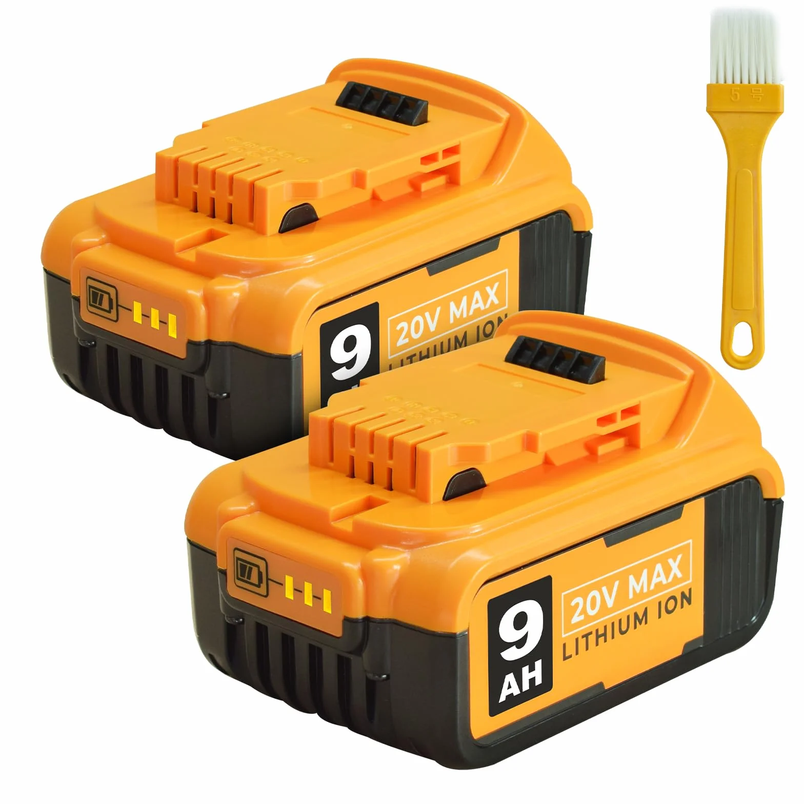 Zestaw 2 zapasowych akumulatorów 9,0 Ah, kompatybilny z elektronarzędziami akumulatorowymi Dewalt 20 V DCB200 DCB204 DCB207 DCD/DCF/DCG seria elektronarzędzi + szczotka