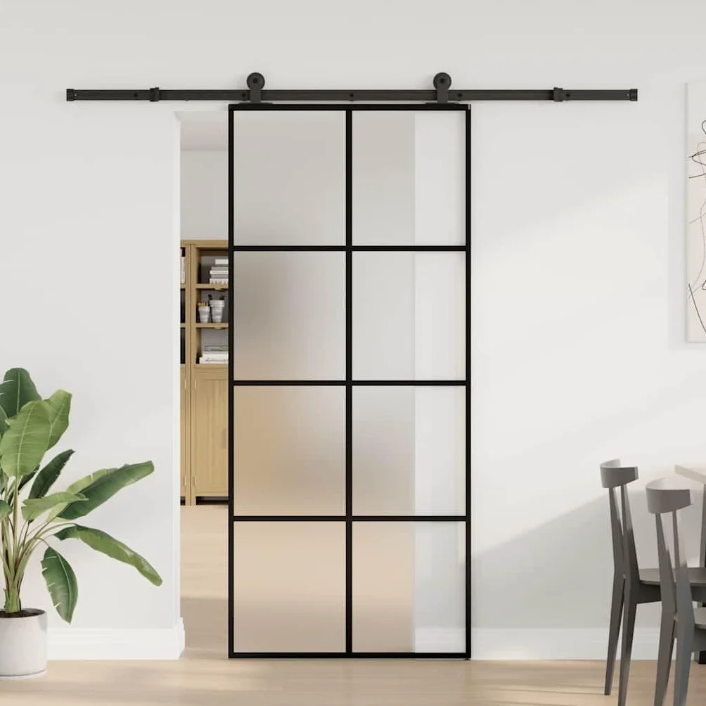 Drzwi przesuwne ze szkła hartowanego z zestawem okuć 90 x 205 cm, aluminiowa rama do drzwi wewnętrznych przesuwnych, matowe szkło ESG zapewniające prywatność, cichy poślizg i design