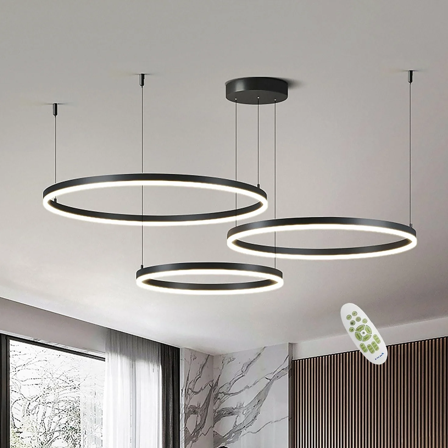 Lampy Wiszace Nowoczesna Restauracja LED Zyrandole Pierścień Ze Zdalnym Sterowaniem Ściemnialne Oświetlenie Sypialni Regulowana Wysokość Dla Salonu Kuchnia Lampy Sufitowe (Color : Black 20+40+60cm)