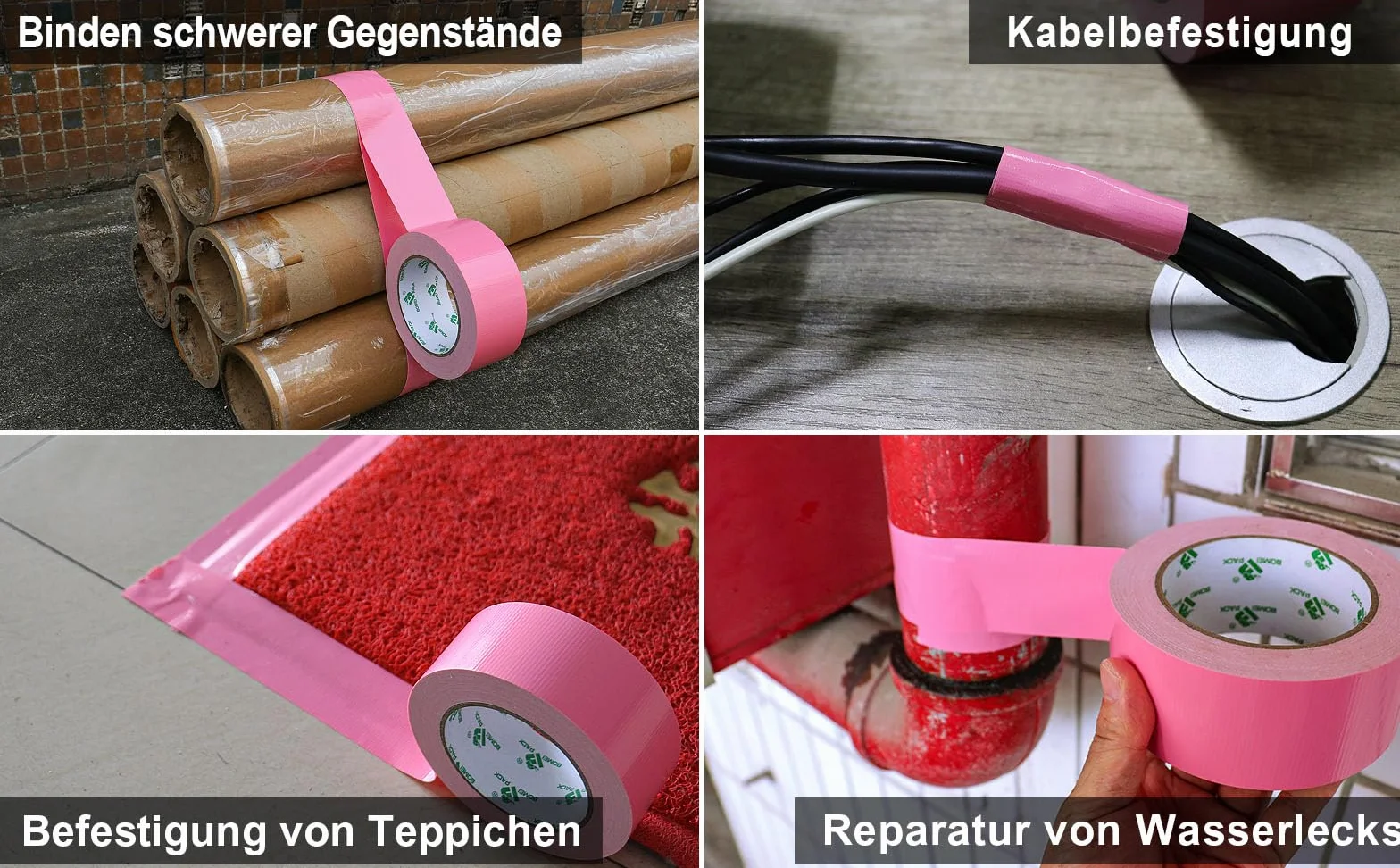 BOMEI PACK Różowa taśma pancerna, wodoodporna, 50 mm x 30 m, 2 rolki, różowa taśma pancerna, taśma klejąca z tkaniny, bardzo mocna, wodoszczelna taśma klejąca