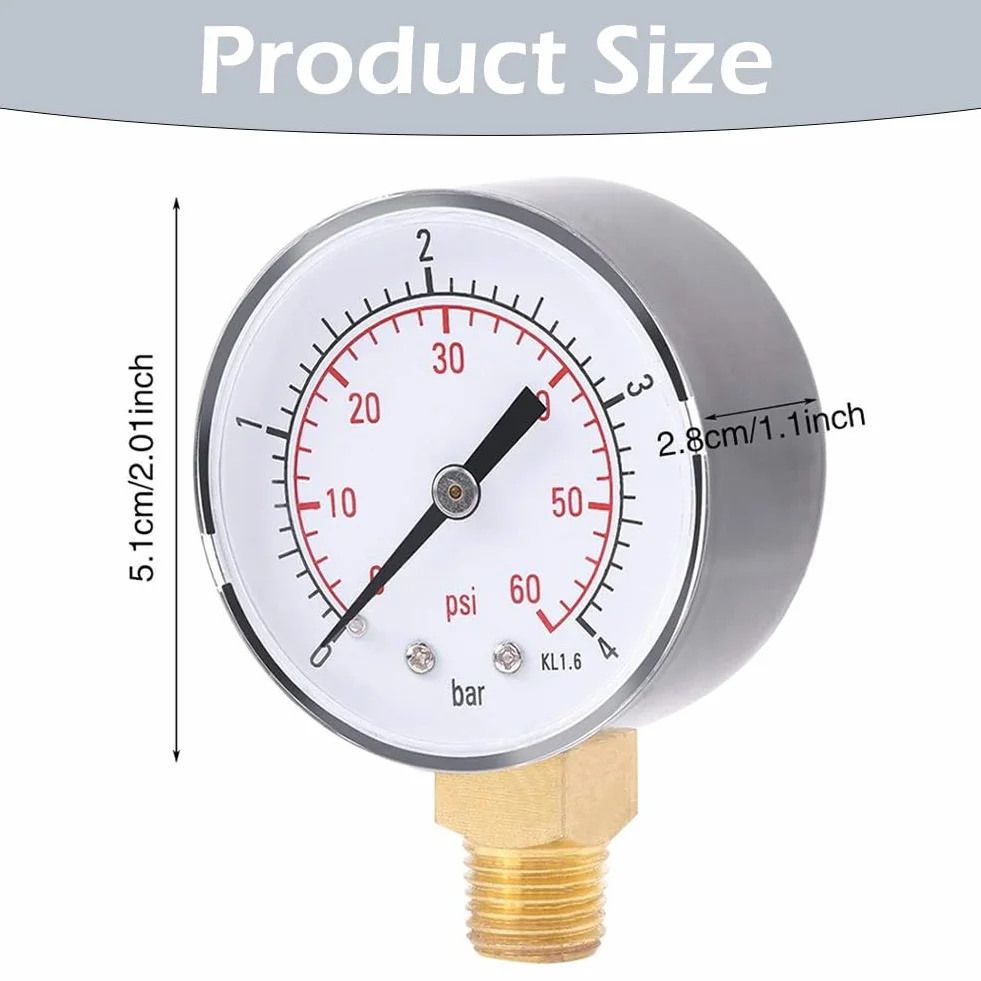 Manometr do wody z manometrem basenowym 60 psi 1/4" NPT montaż podłogowy, gwint rury calowej Dual Scale mechaniczny manometr niskiego ciśnienia