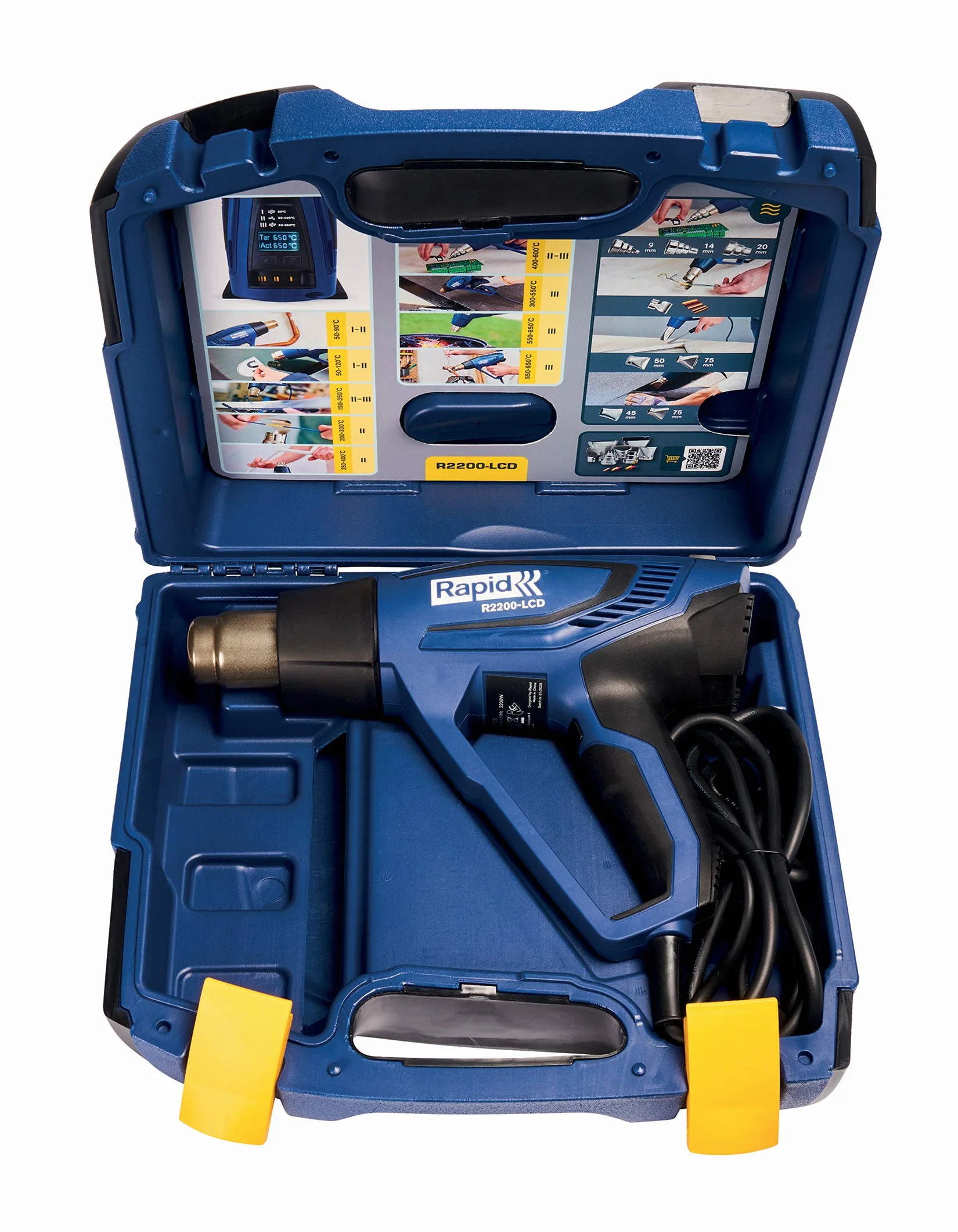Rapid Pistolet na gorące powietrze R2200-LCD, suszarka na gorące powietrze w walizce, 2200 W, wyświetlacz LCD, 50-650°C, 250-500 l/min