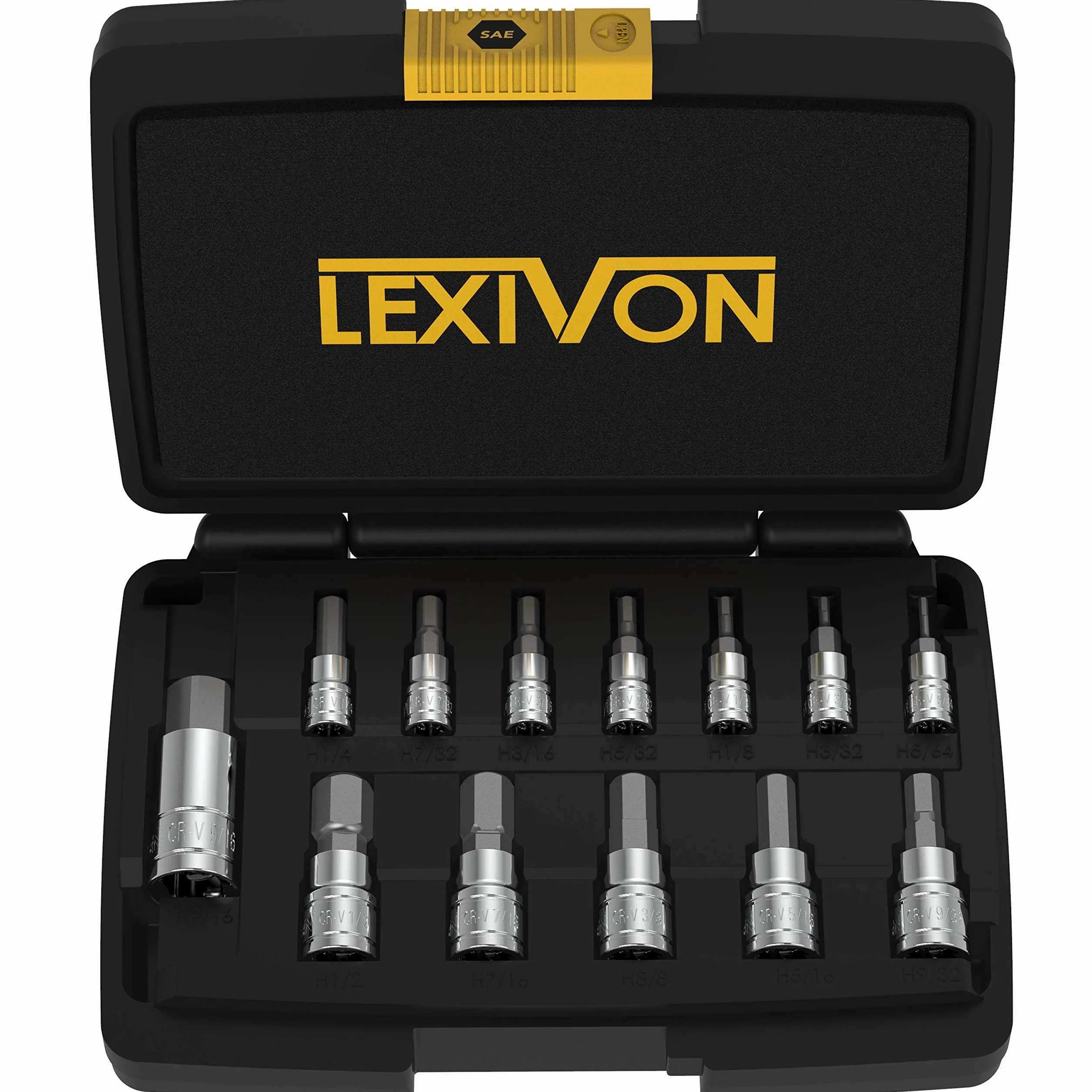 Zestaw kluczy nasadowych LEXIVON HEX, stal stopowa Premium S2 | 13-częściowy zestaw SAE 5/64 "- 9/16" | Ulepszona walizka do przechowywania (LX-142)