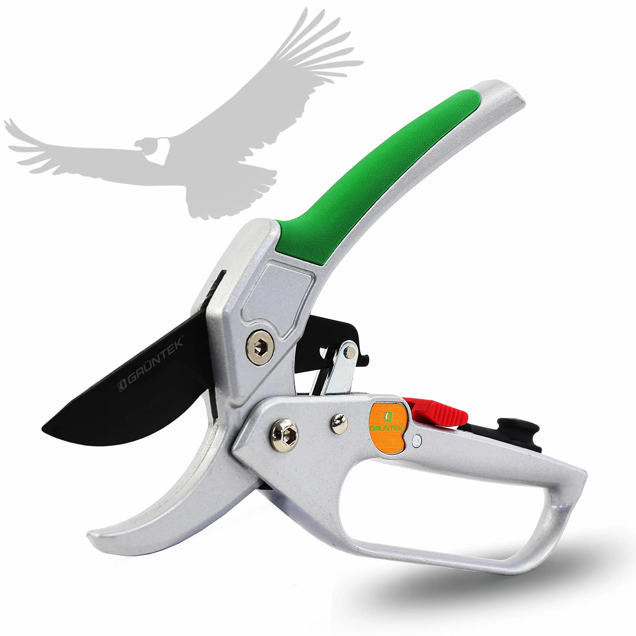 GRÜNTEK Condor Sekatory z grzechotką, 200 mm, ostrze SK5, cięcie 20 mm, wytrzymałe sekatory ogrodowe, automatyczne nożyce z grzechotką, z gąbką olejową i ostrzałką