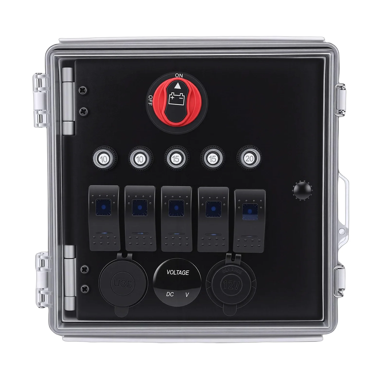 Fockety Skrzynka Przełączników Kołyskowych, IP67 5-krotny Panel Przełączników Morskich z Podwójnymi ładowarkami USB PD Gniazdo Zapalniczki do Samochodów Ciężarowych RV ATV Outdoor