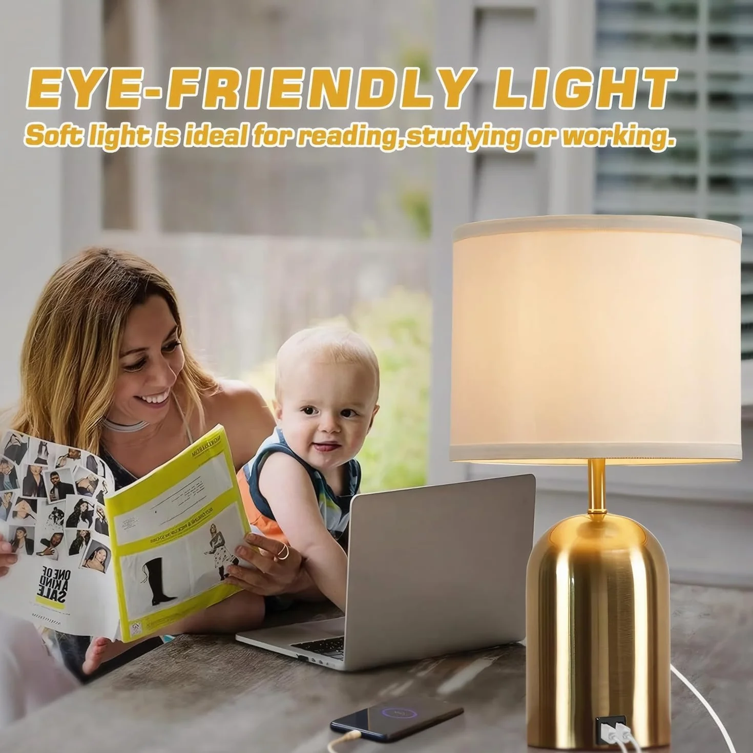 GyroVu Lampka nocna z portem USB, sterowanie dotykowe lampa stołowa do sypialni, ściemniana nowoczesna lampa nocna z kloszem z tkaniny, złota podstawa do salonu, akademika, domowego biura, żarówka LED
