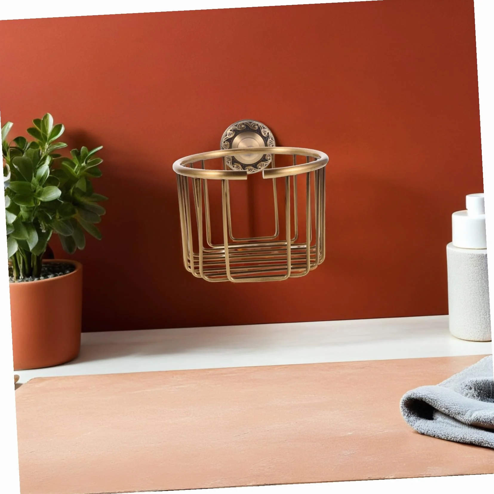 KOMBIUDA Vintage Mosiężny Uchwyt Papier Toaletowy z Koszykiem Drucianym Wiszący Organizer Ręczniki i Chusteczki Do Łazienki Oszczędzający Miejsce Stojak Papier i Ręczniki