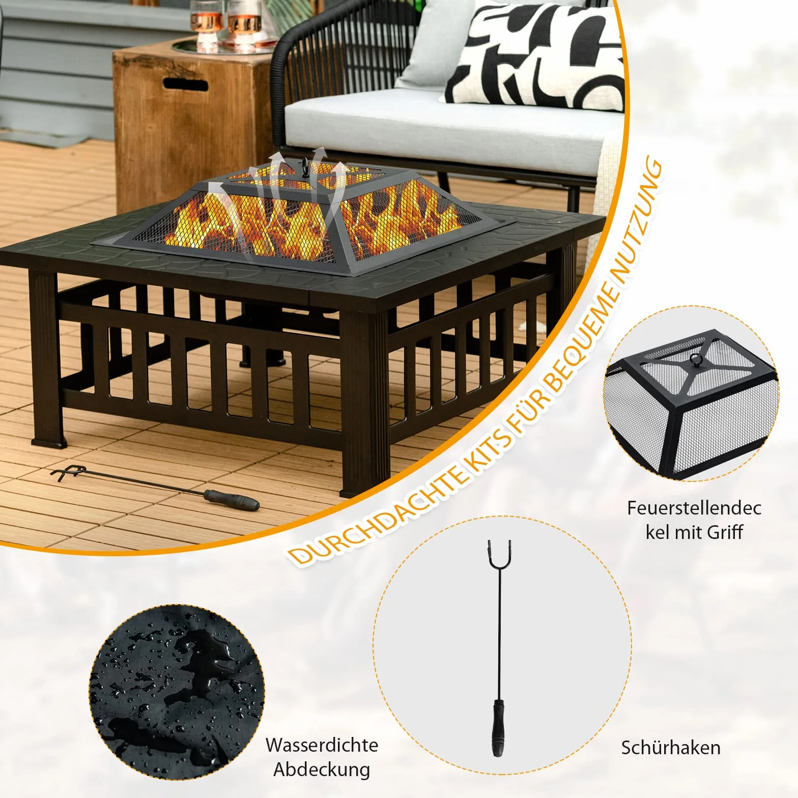 COSTWAY Palenisko z rusztem 3 w 1 z ochroną przed iskrami 81 x 81 x 50 cm Fire Pit do ogrodu czarny