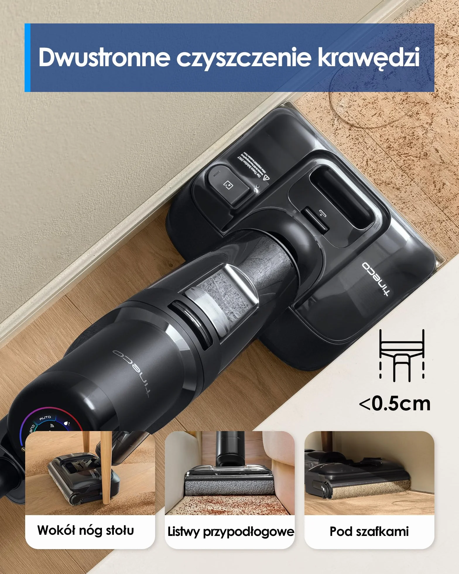 Tineco Floor ONE S7 Stretch Ultra Bezprzewodowy Odkurzacze na sucho i mokro, zapobiegająca splątaniu 180°, czas pracy 50 minut, samooczyszczanie Flashdry 85℃, dwustronne czyszczenie krawędzi