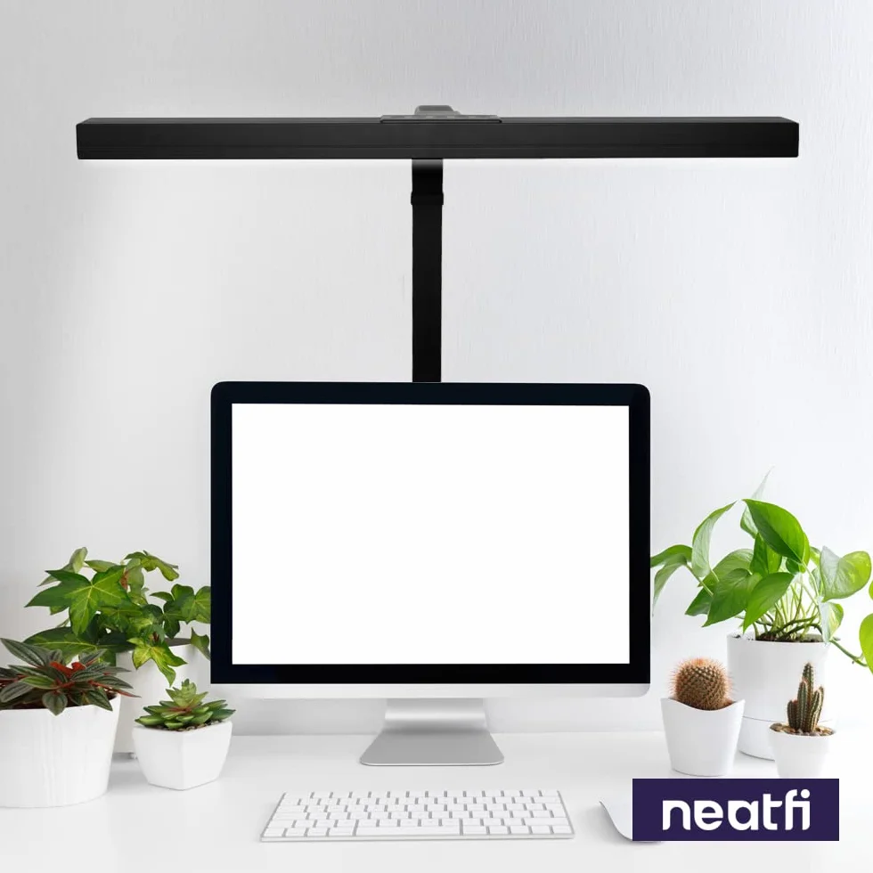 (Nowy model) Neatfi Lampa biurkowa LED, 3000 lumenów, ściemniana, z zaciskiem, 30 W, 5 poziomów jasności i 5 trybów światła, Lampka na biurko do domu, biura, gabinetu (71 CM Czarny)