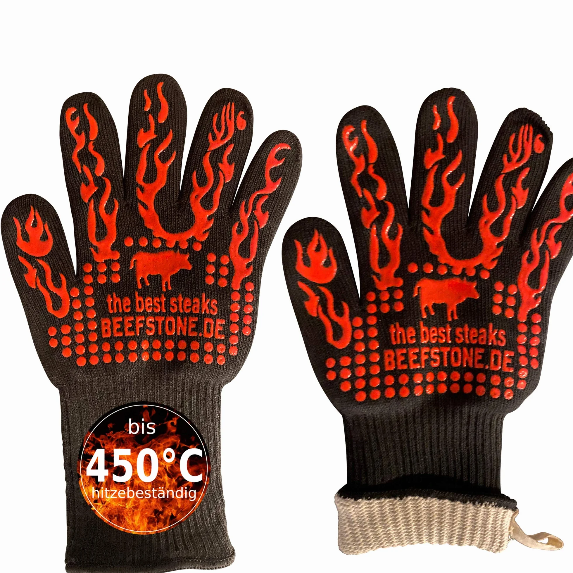 Rękawice żaroodporne BBQ - rękawice grillowe marki Beefstone - odporne na temperaturę do 450°C, zmywalne rękawice kuchenne/do gotowania/do pieczenia z silikonu/włókna Deyan/bawełny 34cm, 1 para