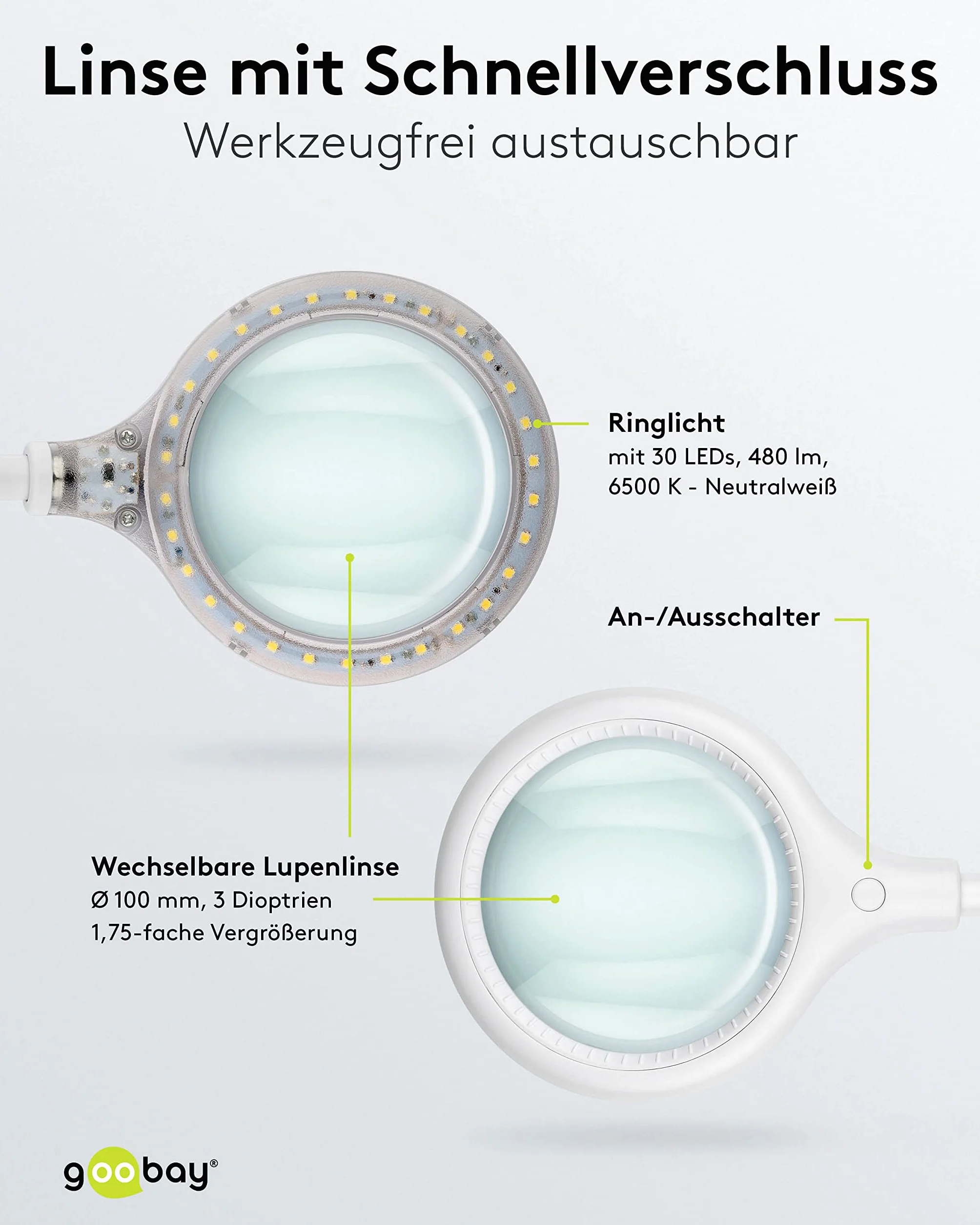 goobay 60359 LED lampa z lupą – lampa z lupą ze stojakiem – lupa stojąca – pobór mocy 6 W – temperatura barwowa 6200 K – strumień świetlny 480 lm, biała