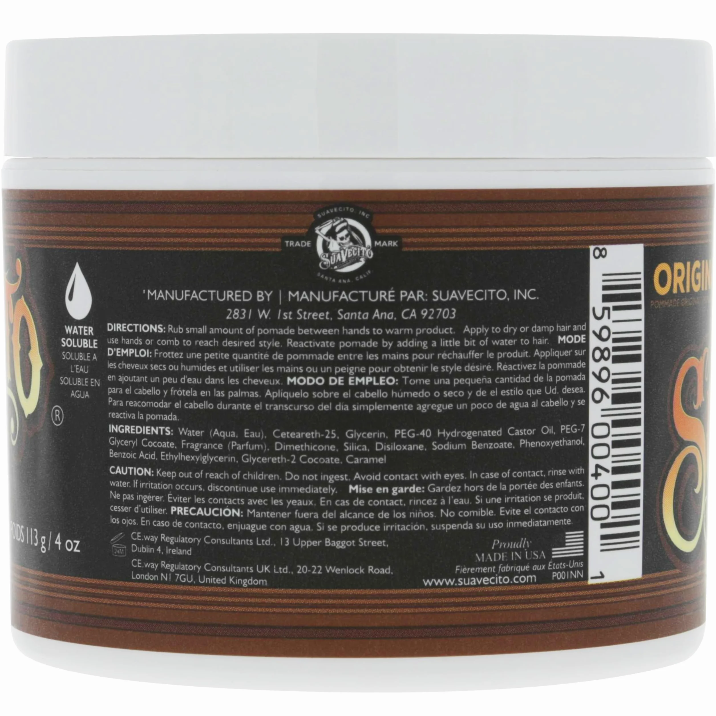Suavecito Pomade Original Hold, Medium Hold Hair Pomade For Men, Medium Shine Water Based Wax, 4oz/113g