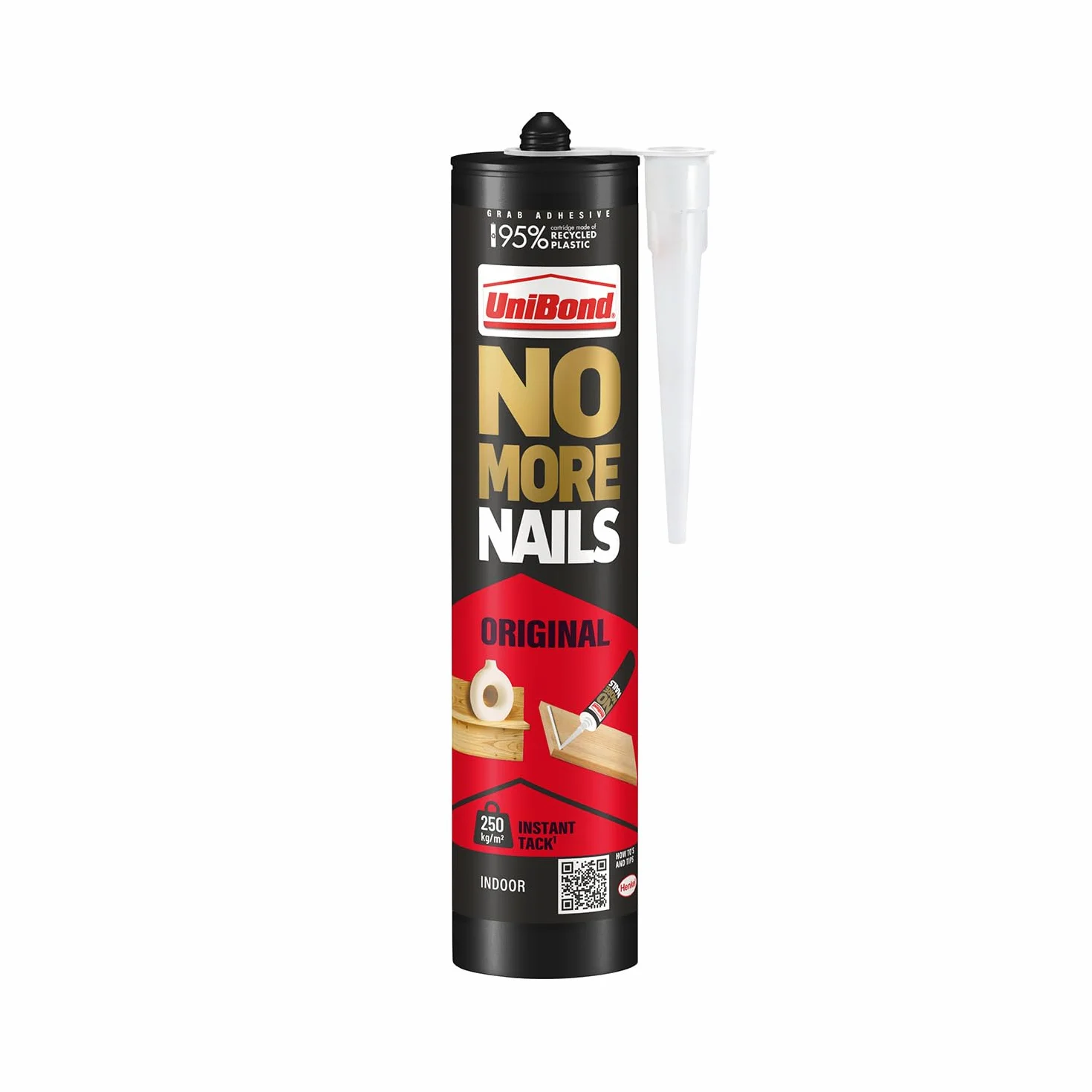 UniBond No More Nails oryginalny klej montażowy, mocny klej do drewna, ceramiki, metalu i innych, biały klej Instant Grab, 1 x wkład 365 g