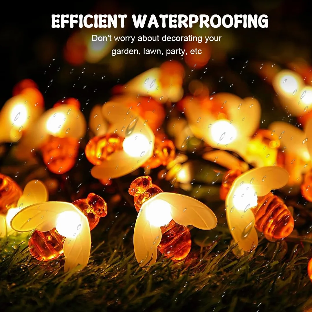 Wishstar 7 m, 50 diod LED solarny łańcuch świetlny na zewnątrz, latarnie w kształcie pszczół na zewnątrz, 8 trybów pracy, wodoodporne latarnie w kształcie pszczół na lato, do ogrodu, na drzewa, taras