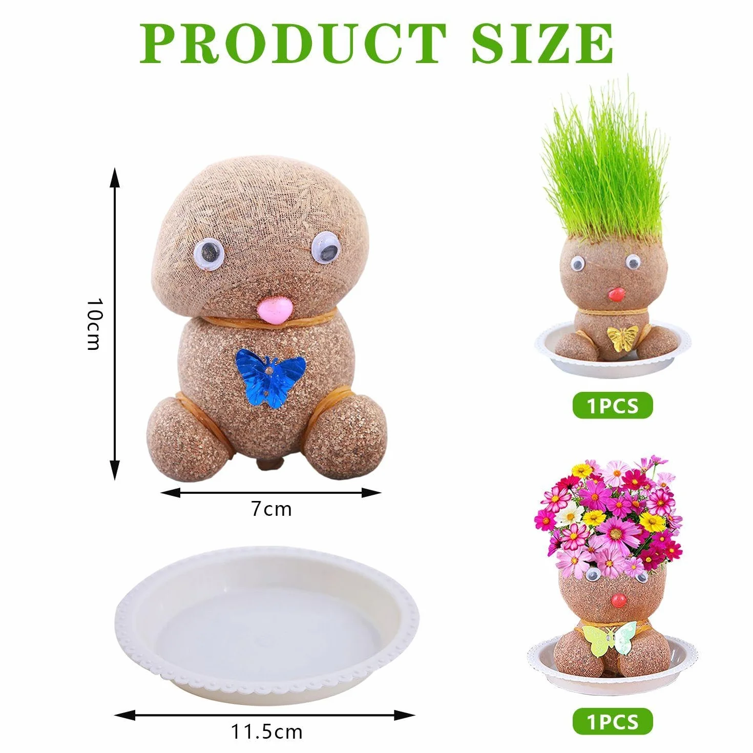 Lalki do uprawy roślin, 2-częściowe tace, głowa kwiatowa, mini lalki z głową trawy bonsai