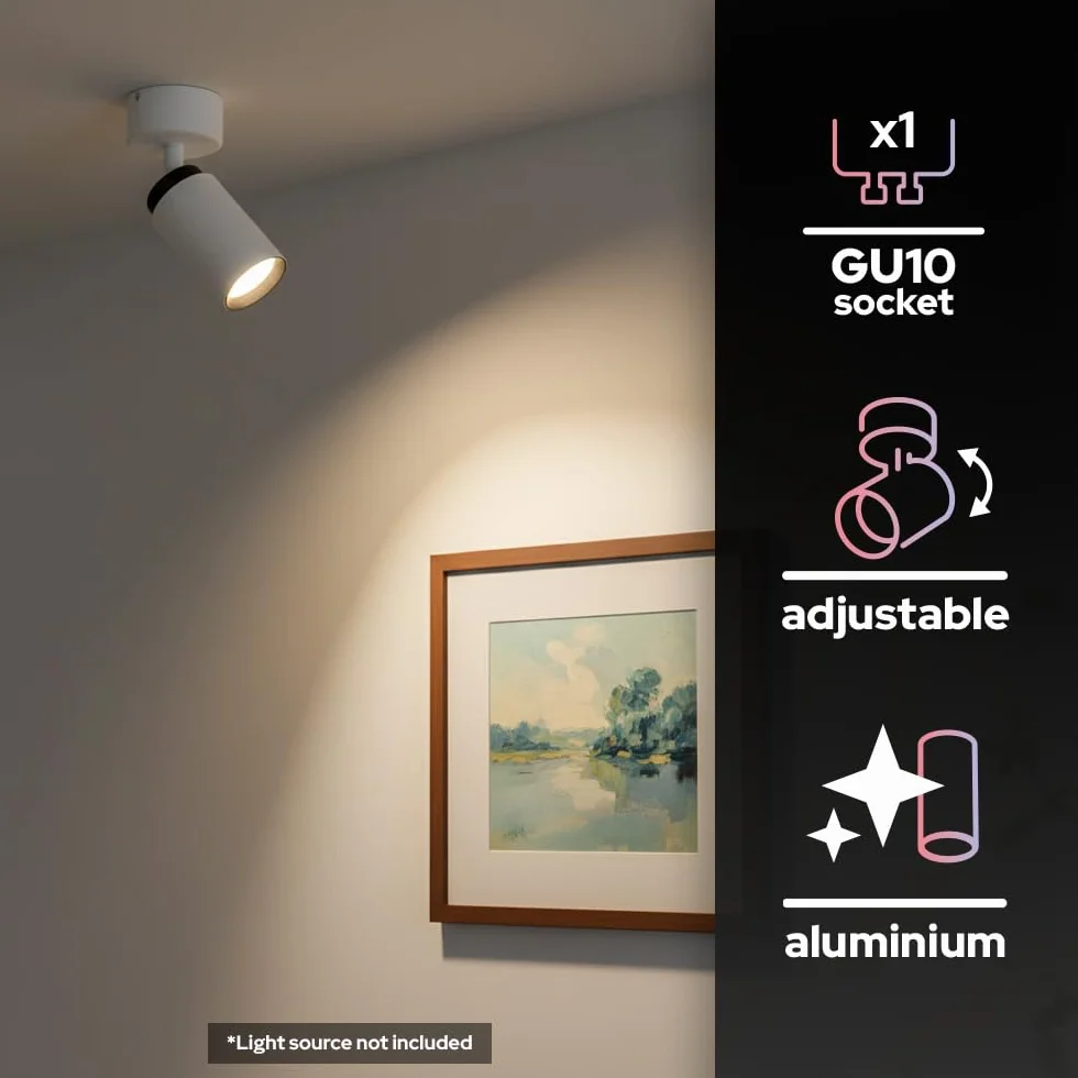 Lampa Sufitowa Reflektor Sufitowy Natynkowy Biało-Czarny MALGA 1 DUO Pojedyncza Regulowana Oprawa Sufitowa do LED Lampa Ścienna Wewnętrzna Spot Ścienny Oświetlenie Przedpokoju Salonu Jadalni