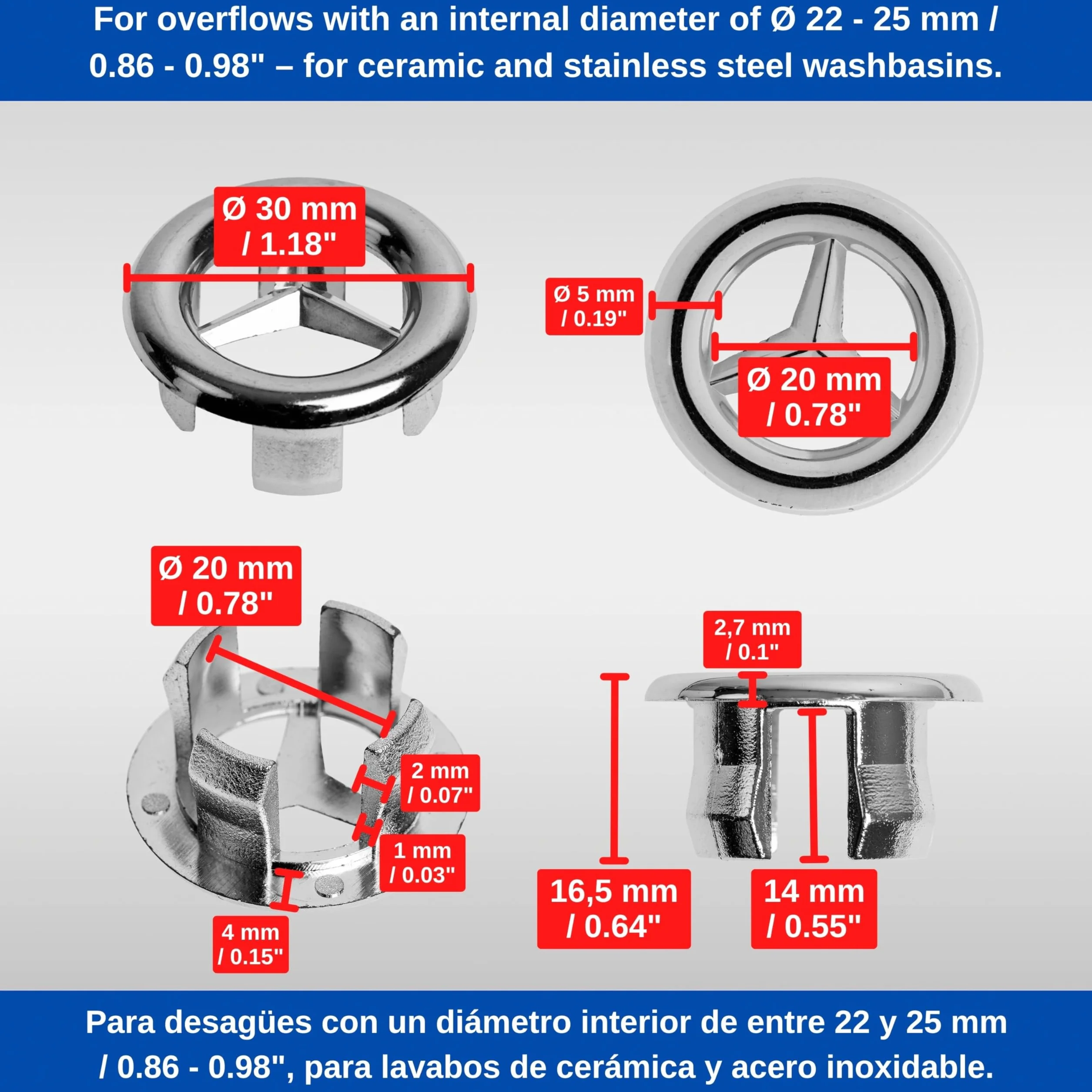 Pokrywa przelewu umywalki, 2 szt, wzór 3, chromowany na wysoki połysk, do otworu umywalki o średnicy wewnętrznej 22-25 mm, wymienne pierścienie do otworu umywalki, pokrywa przelewu