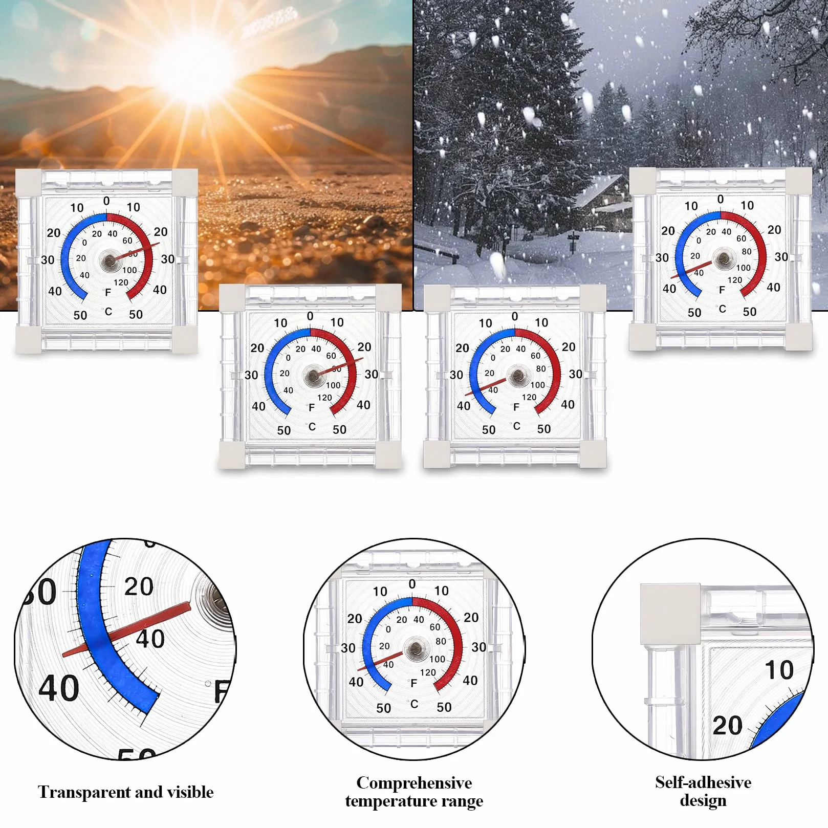 4 szt. Termometr zewnętrzny do wnętrz, termometr odporny na warunki atmosferyczne, samoprzylepny termometr do okien i drzwi, dokładność +/- 50°C