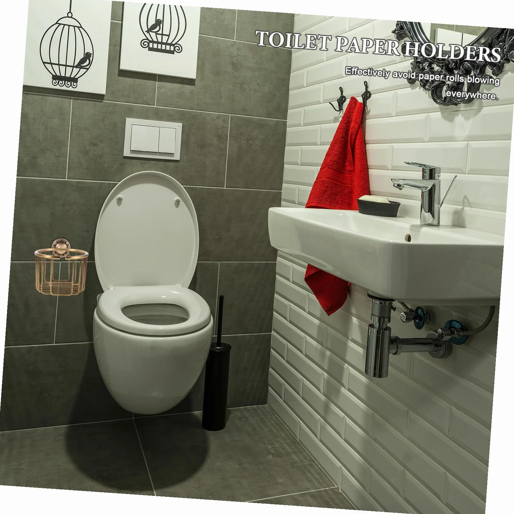 KOMBIUDA Vintage Mosiężny Uchwyt Papier Toaletowy z Koszykiem Drucianym Wiszący Organizer Ręczniki i Chusteczki Do Łazienki Oszczędzający Miejsce Stojak Papier i Ręczniki