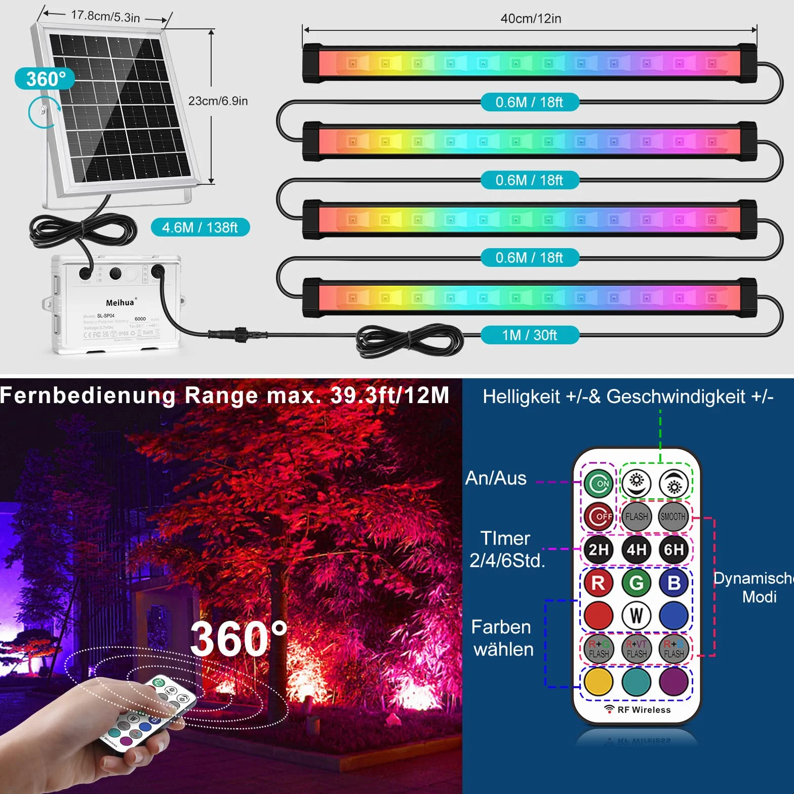 MEIHUA Solarny reflektor RGB Wallwasher, kolorowy, 10 kolorów, 30 trybów pracy, timer, 2 jasności, solarna lampa ogrodowa, kolorowa, 6000 mAh, IP66, wodoszczelna lampa solarna do użytku na zewnątrz