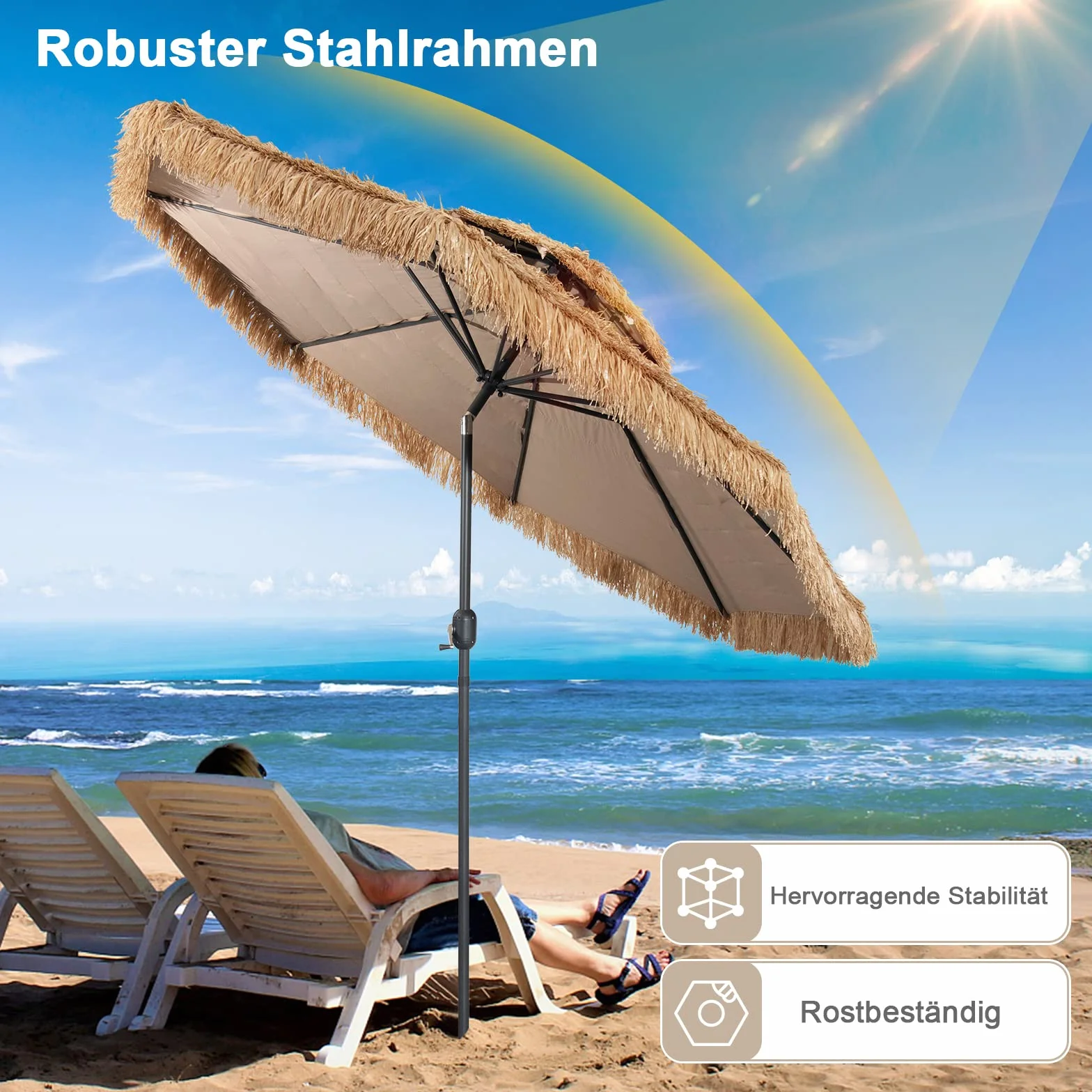 COSTWAY Hawaii parasol przeciwsłoneczny, 270 cm, Podstawa parasola nie jest dołączona, słomkowy parasol z podwójnym dachem, parasol ogrodowy, odchylany, słomkowy parasol plażowy
